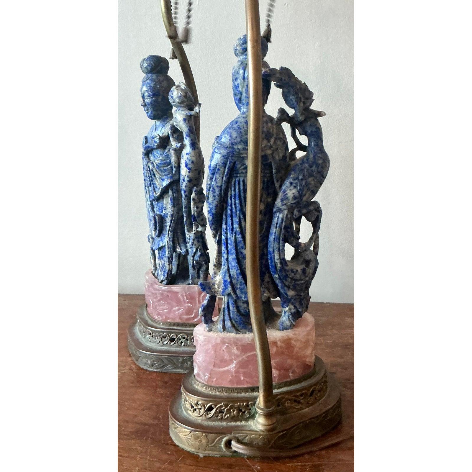 Vintage Regency-Lampen mit Lapislazuli und Rosenquarz als Figuren - 2er-Set im Angebot 1
