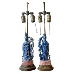 Vintage Regency Lapis Lazuli and Rose Quartz Figural Lamps - Set of 2
