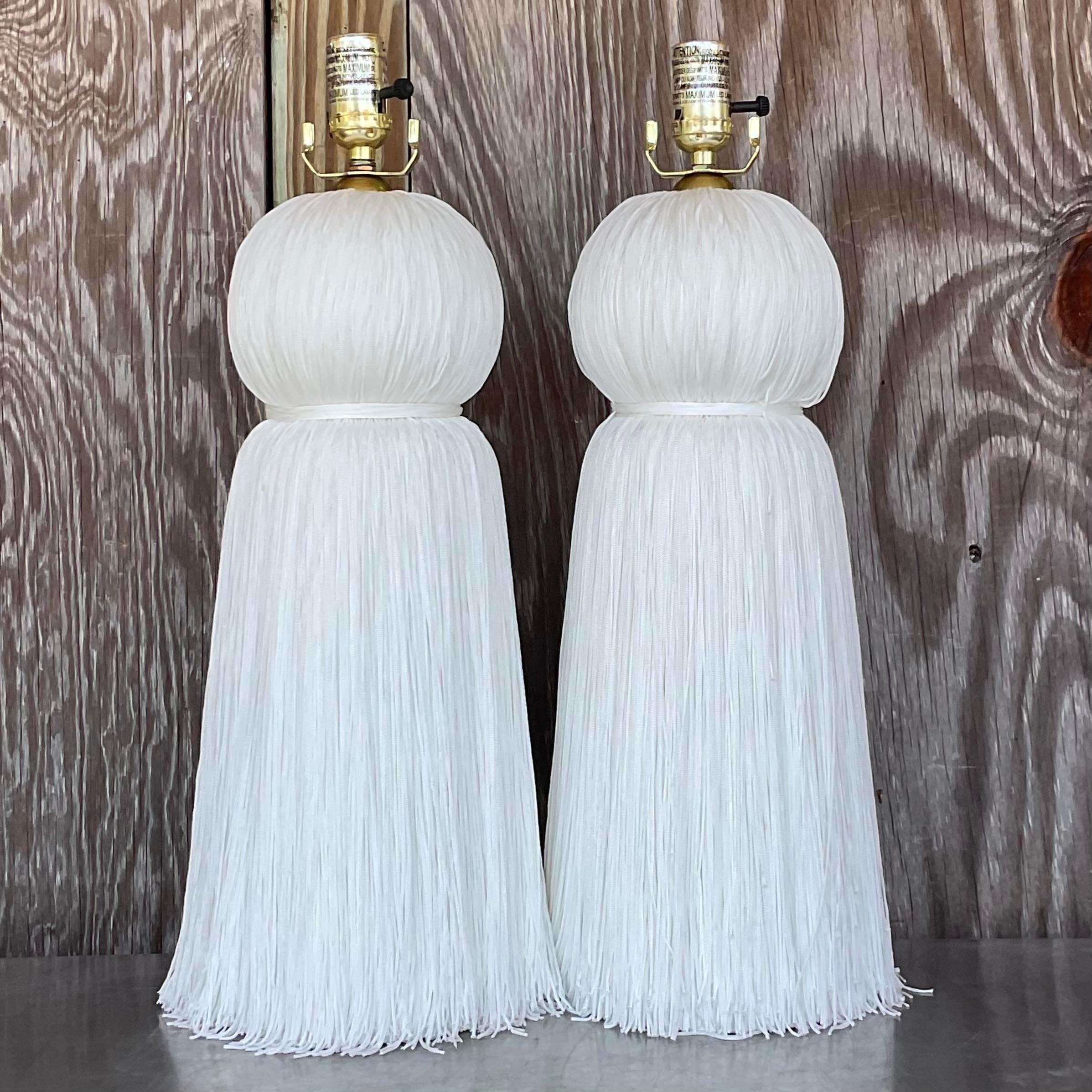 Vintage Regency Laura Kirar for Arteriors Tassle Lamps - a Pair In Good Condition For Sale In west palm beach, FL