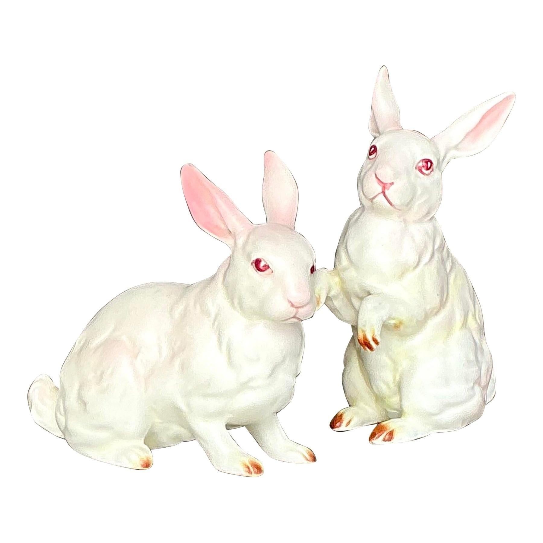 Questo affascinante set di due statuette di coniglio in ceramica vintage Lefton cattura la delicata bellezza della natura con intricati dettagli dipinti a mano. Caratterizzati da un design realistico, una morbida pelliccia bianca e suggestivi occhi