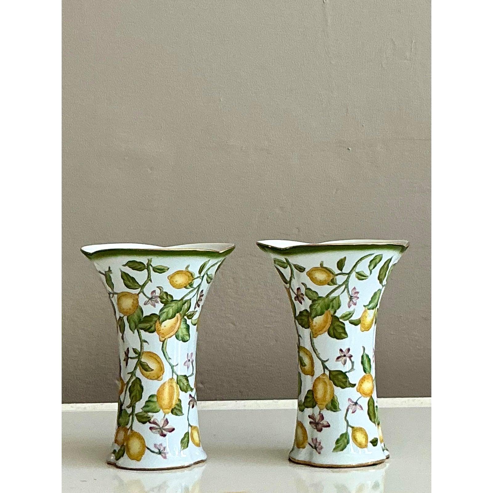 Un delizioso tocco di eleganza da giardino europeo: questa squisita coppia di vasi vintage cattura l'eterna freschezza di un boschetto mediterraneo. Realizzato meticolosamente in porcellana fine, ogni vaso presenta una silhouette graziosamente