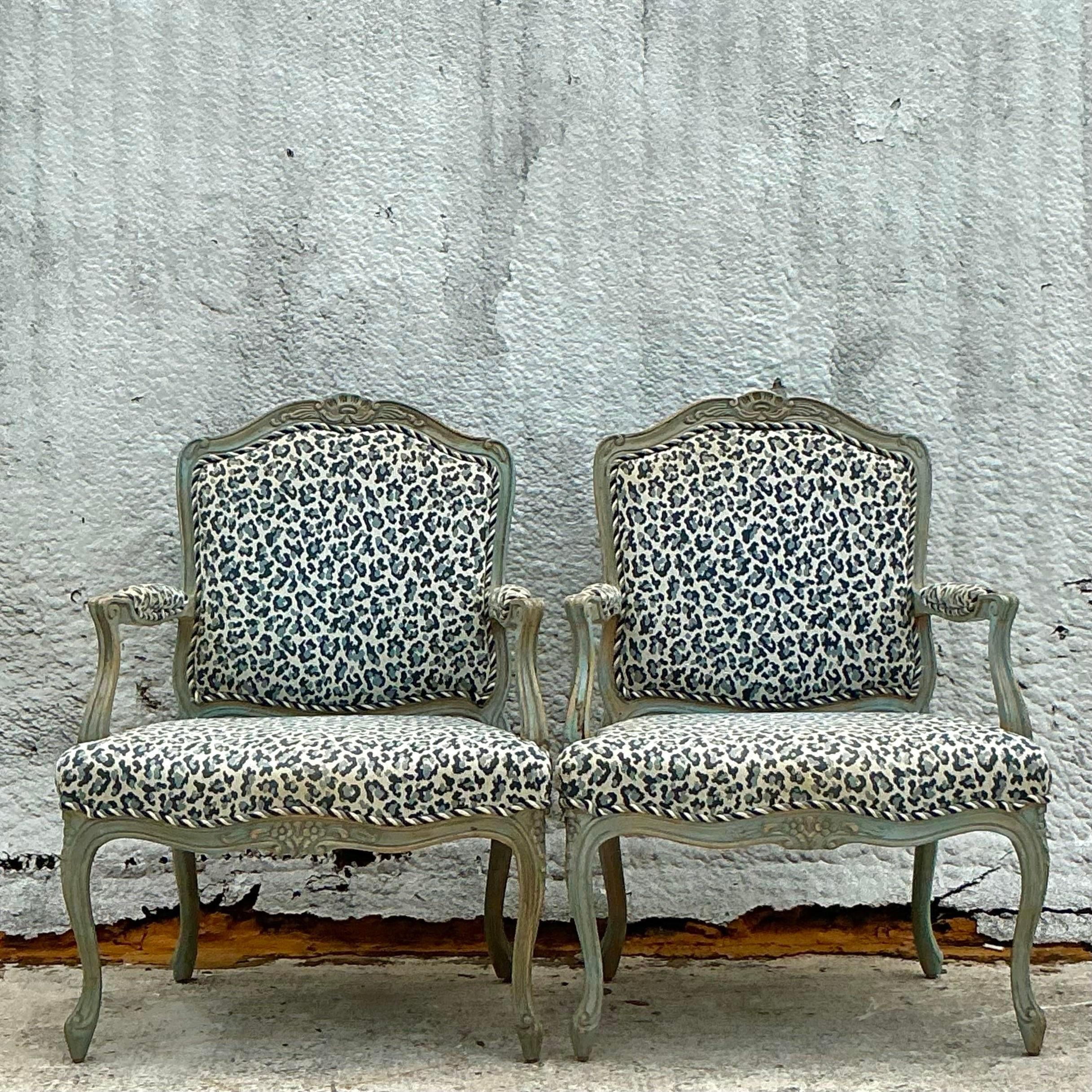American Vintage Regency Leopard Bergere Chairs - a Pair