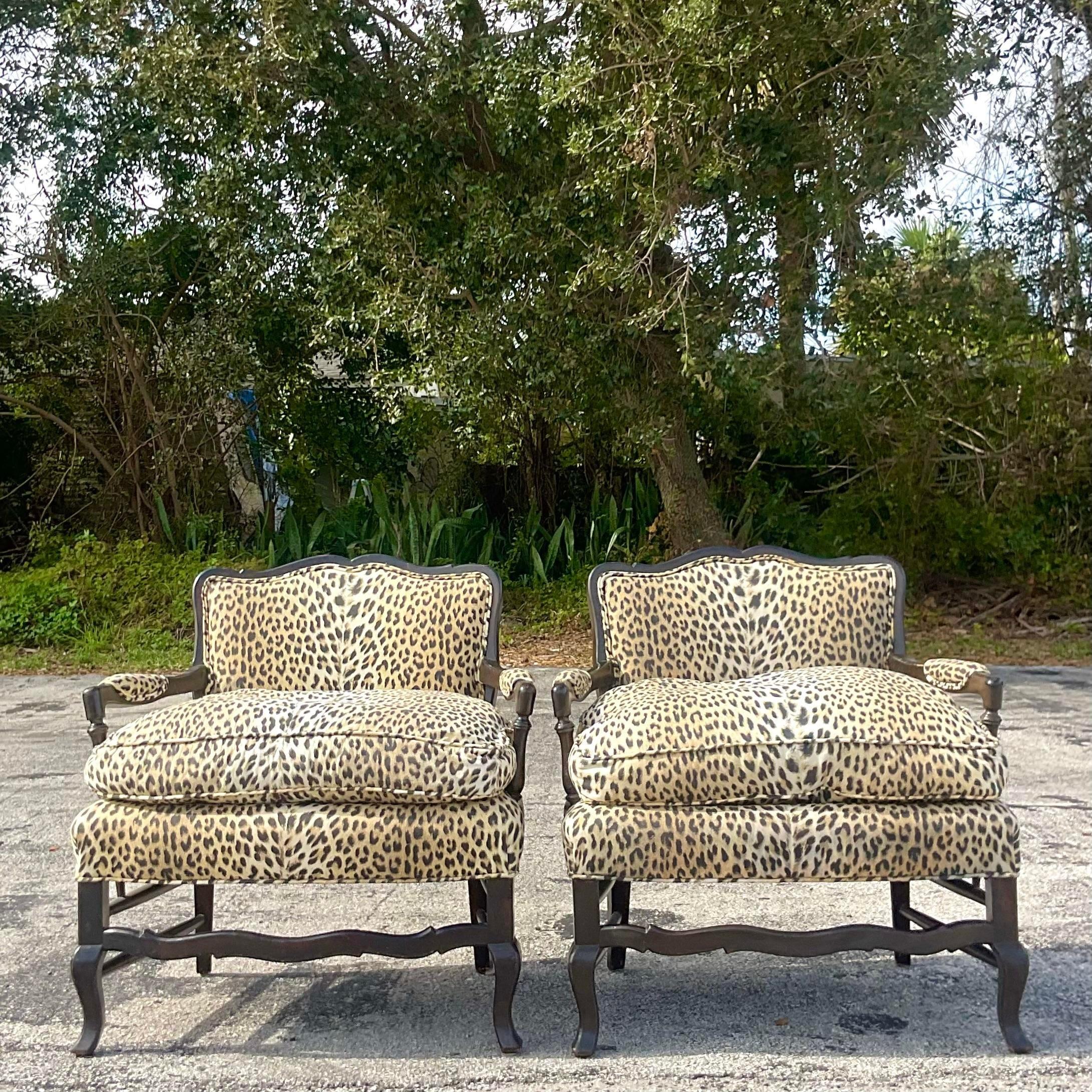 20th Century Vintage Regency Leopard Bergere Chairs - a Pair