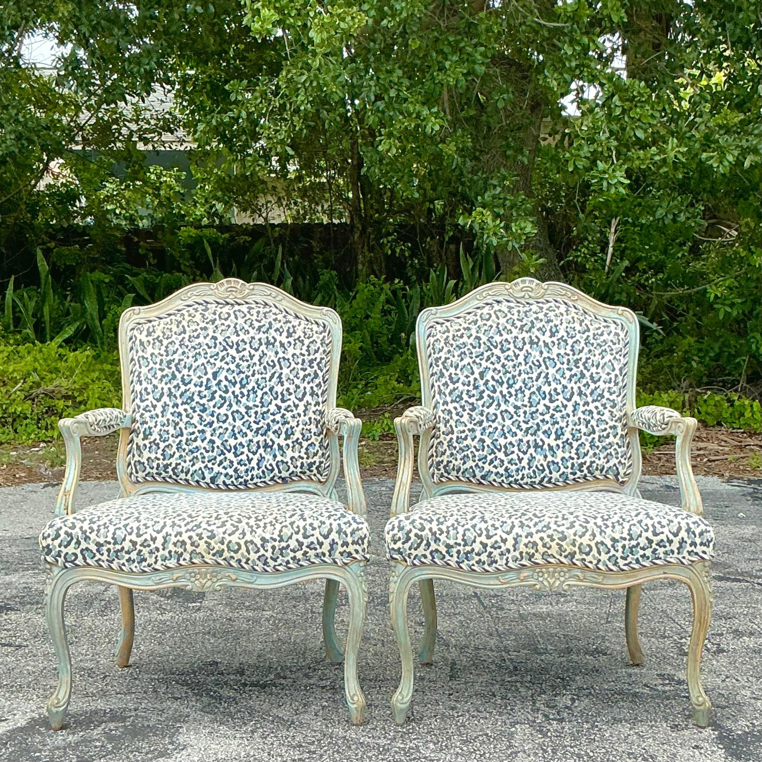 20th Century Vintage Regency Leopard Bergere Chairs - a Pair