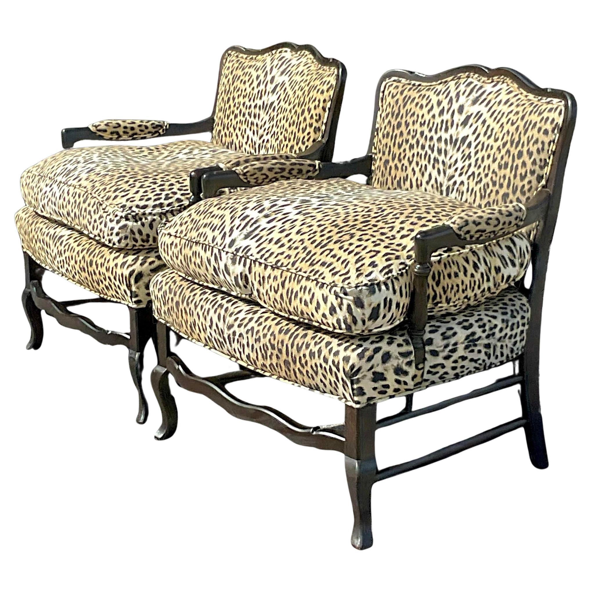 Vintage Regency Leopard Bergere Chairs - a Pair