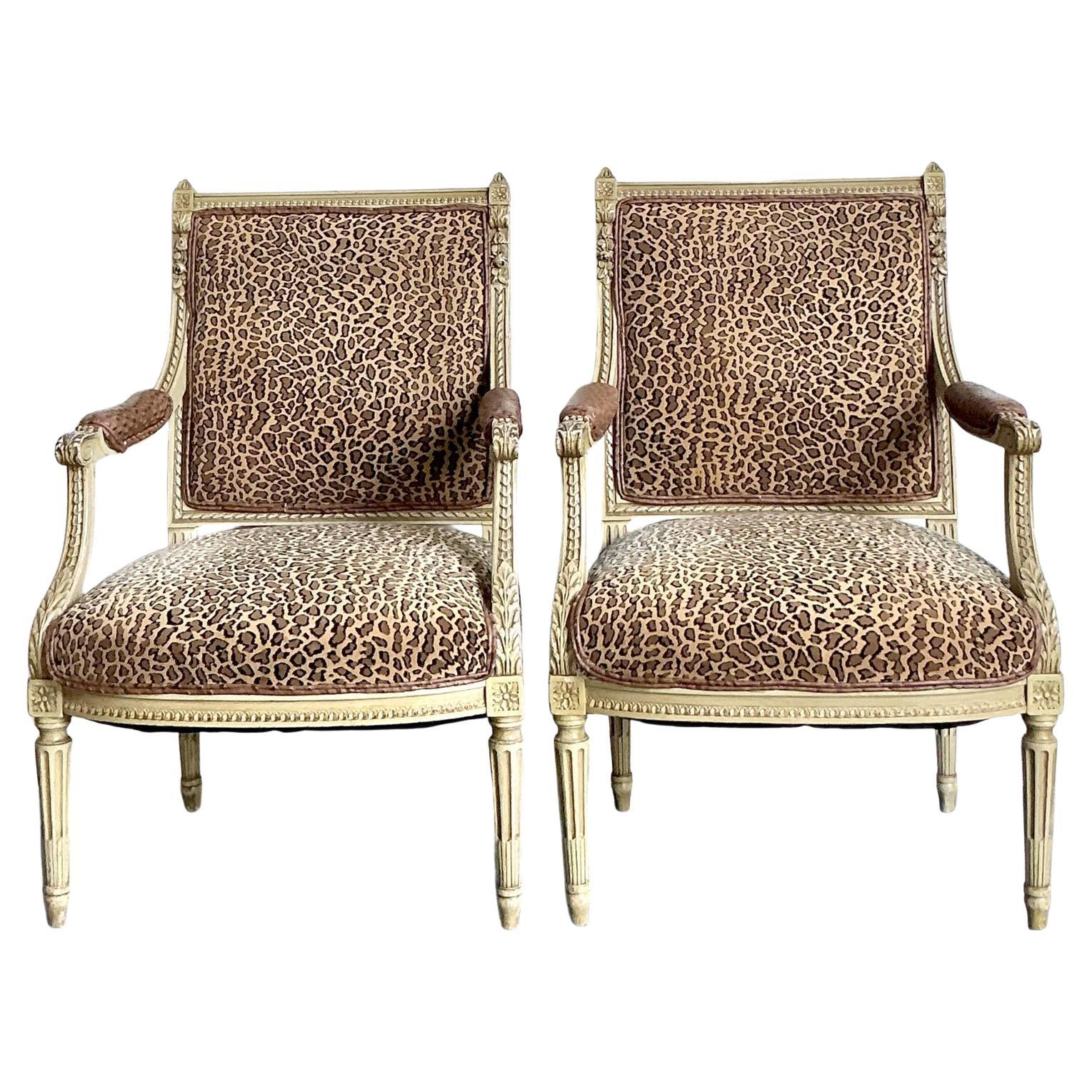 Vintage Regency Leopard Fauteuil Chairs - A Pair For Sale