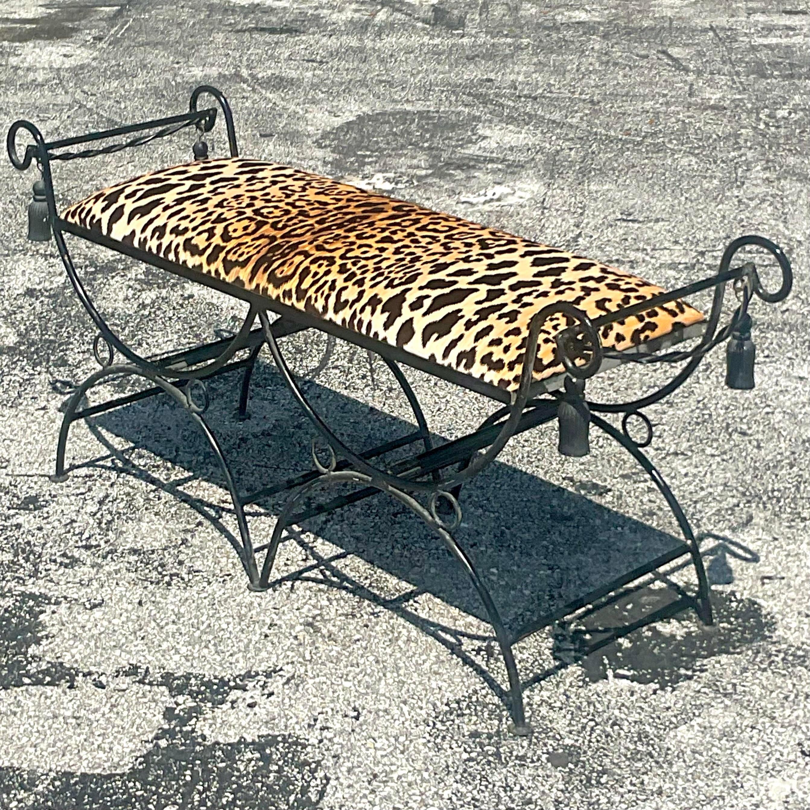 Vintage Regency Leopard Wought Iron Tassel Bench For Sale 5
