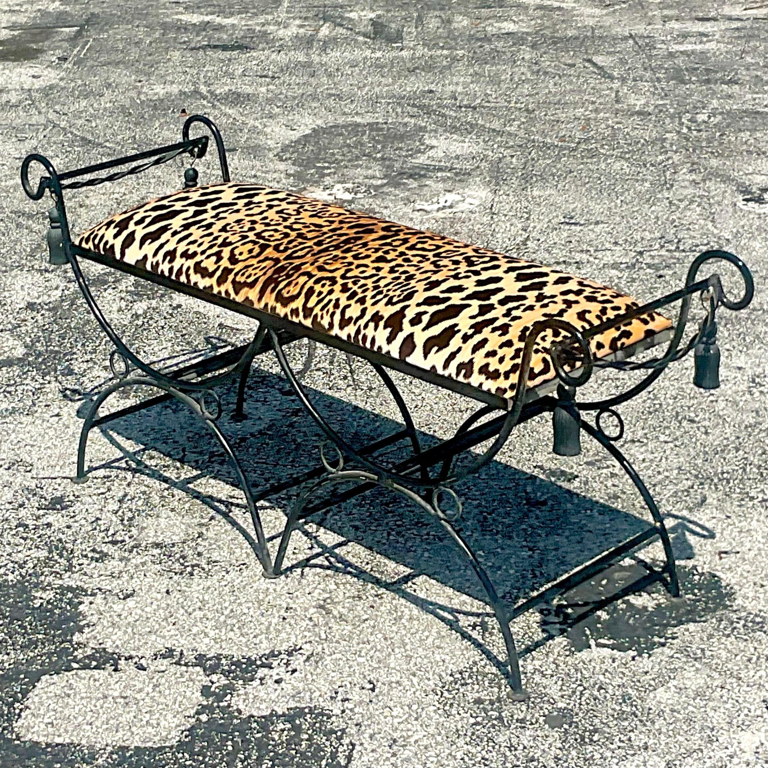 American Vintage Regency Leopard Wought Iron Tassel Bench For Sale