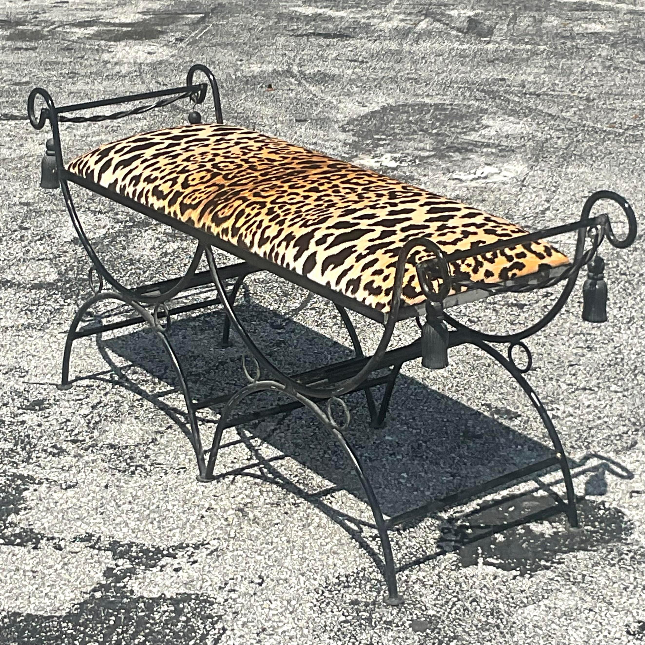 Vintage Regency Leopard Wought Iron Tassel Bench In Good Condition For Sale In west palm beach, FL