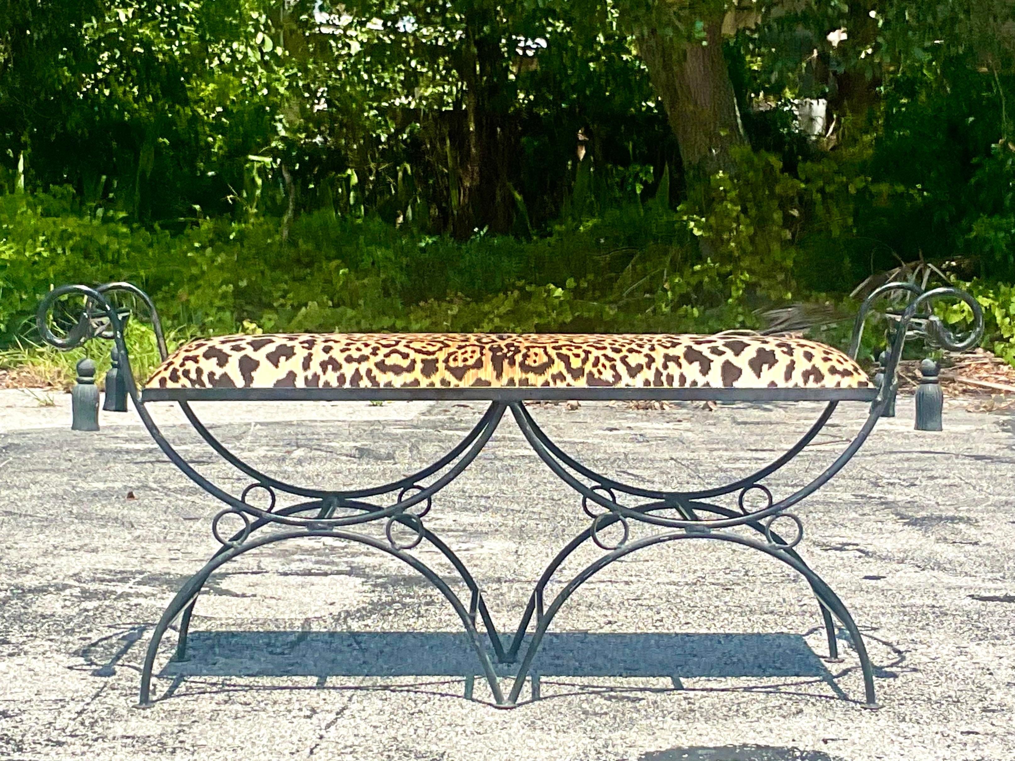 20th Century Vintage Regency Leopard Wought Iron Tassel Bench For Sale