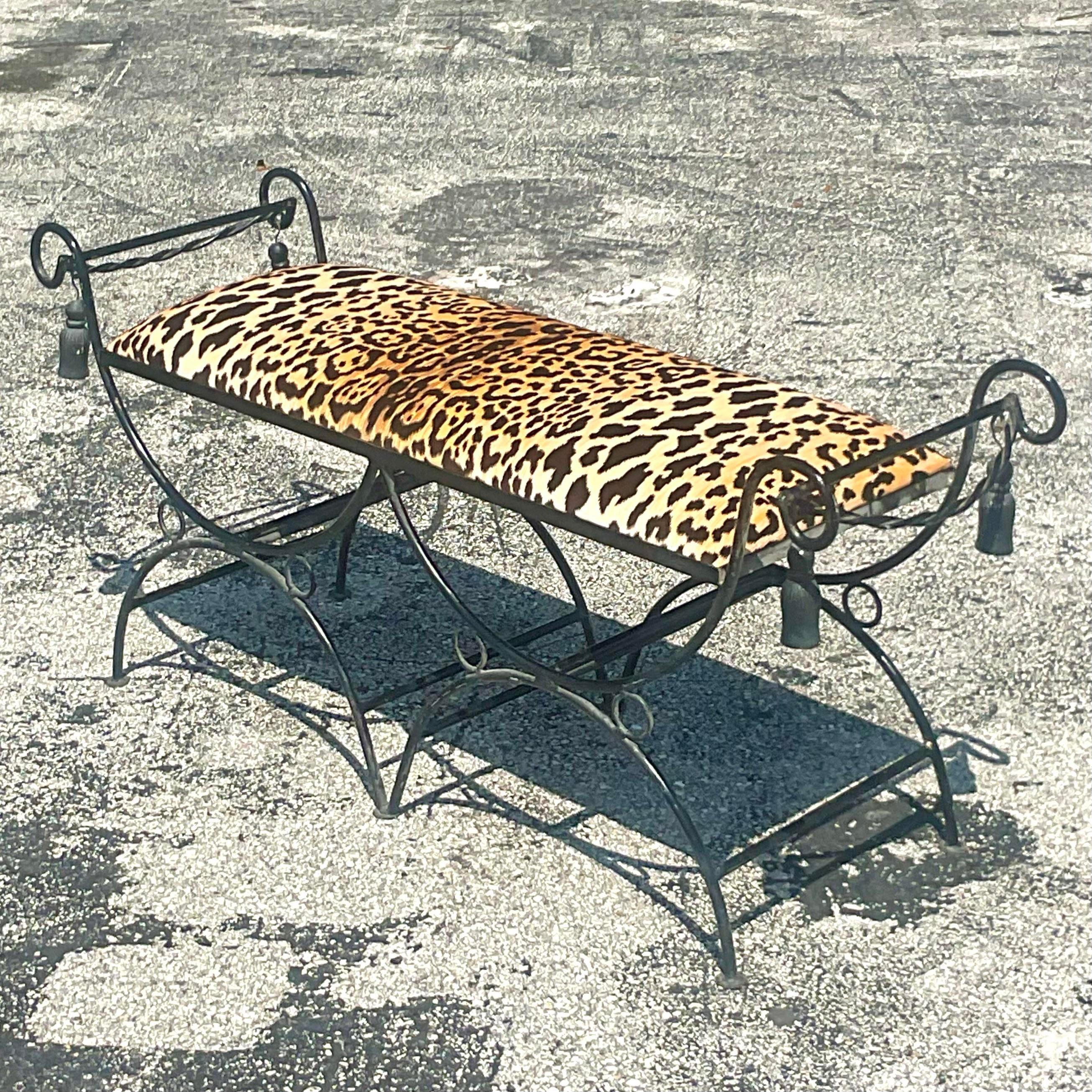 Velvet Vintage Regency Leopard Wought Iron Tassel Bench For Sale