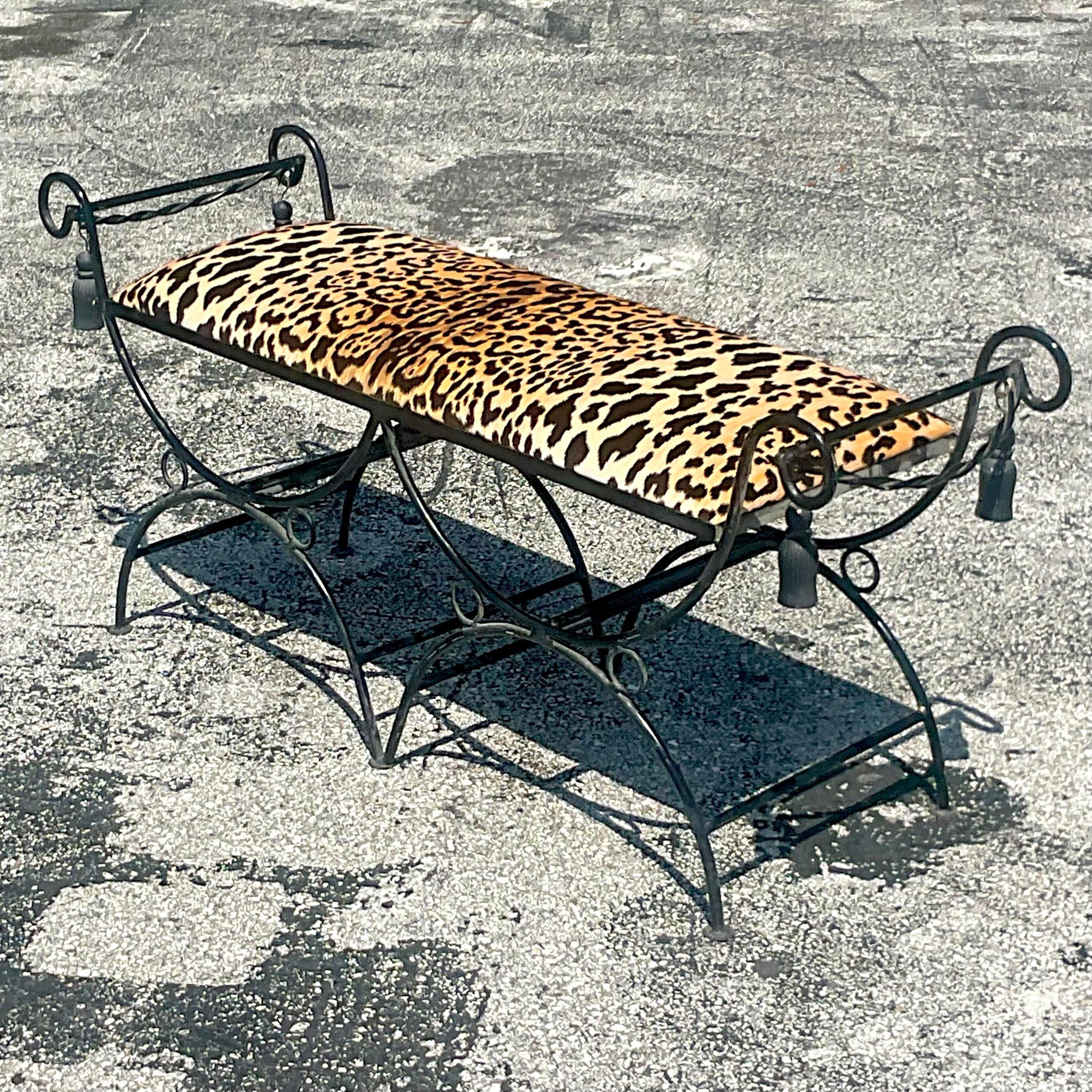 Vintage Regency Leopard Wought Iron Tassel Bench For Sale 1