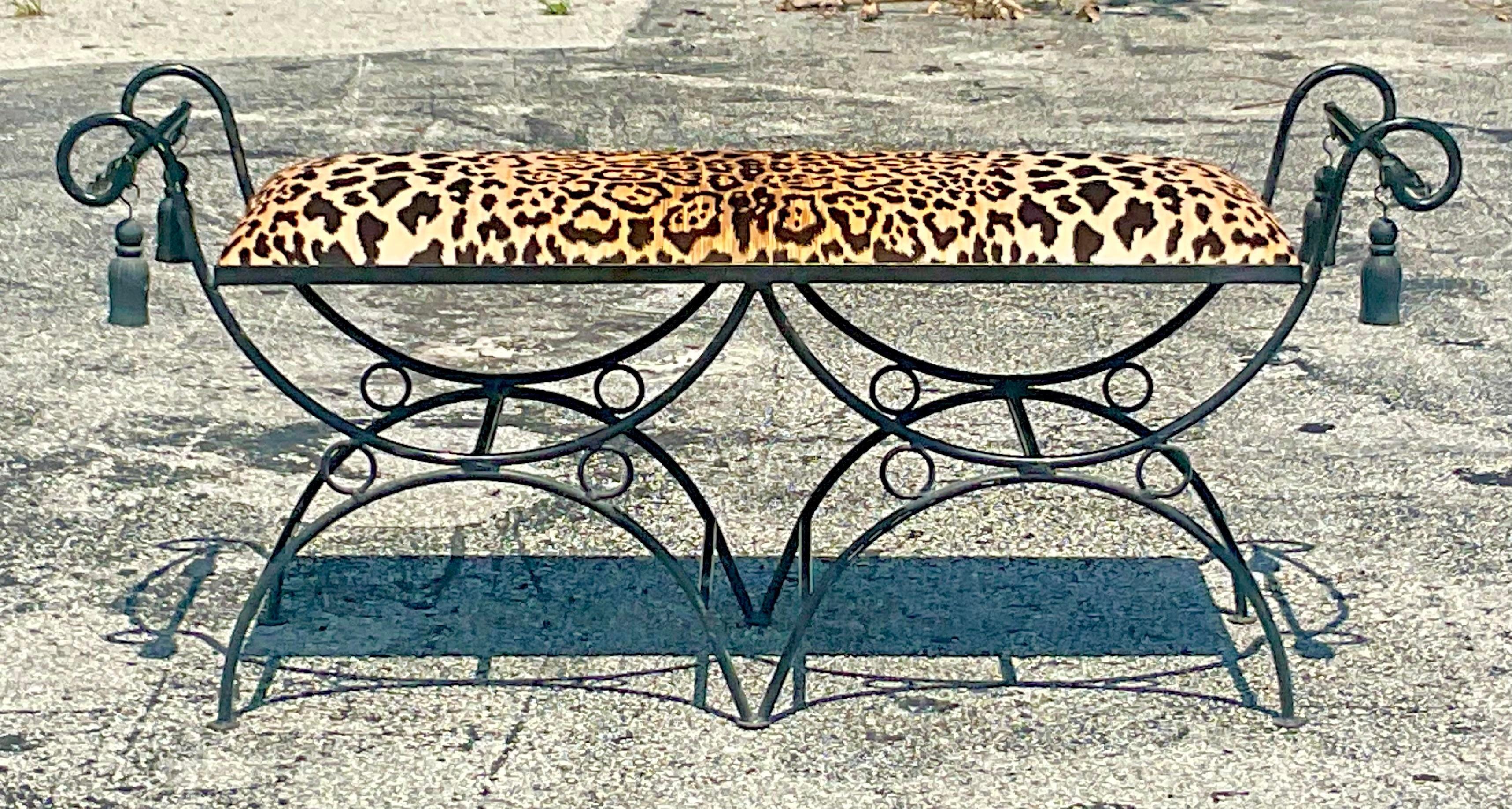 Vintage Regency Leopard Wought Iron Tassel Bench For Sale 2