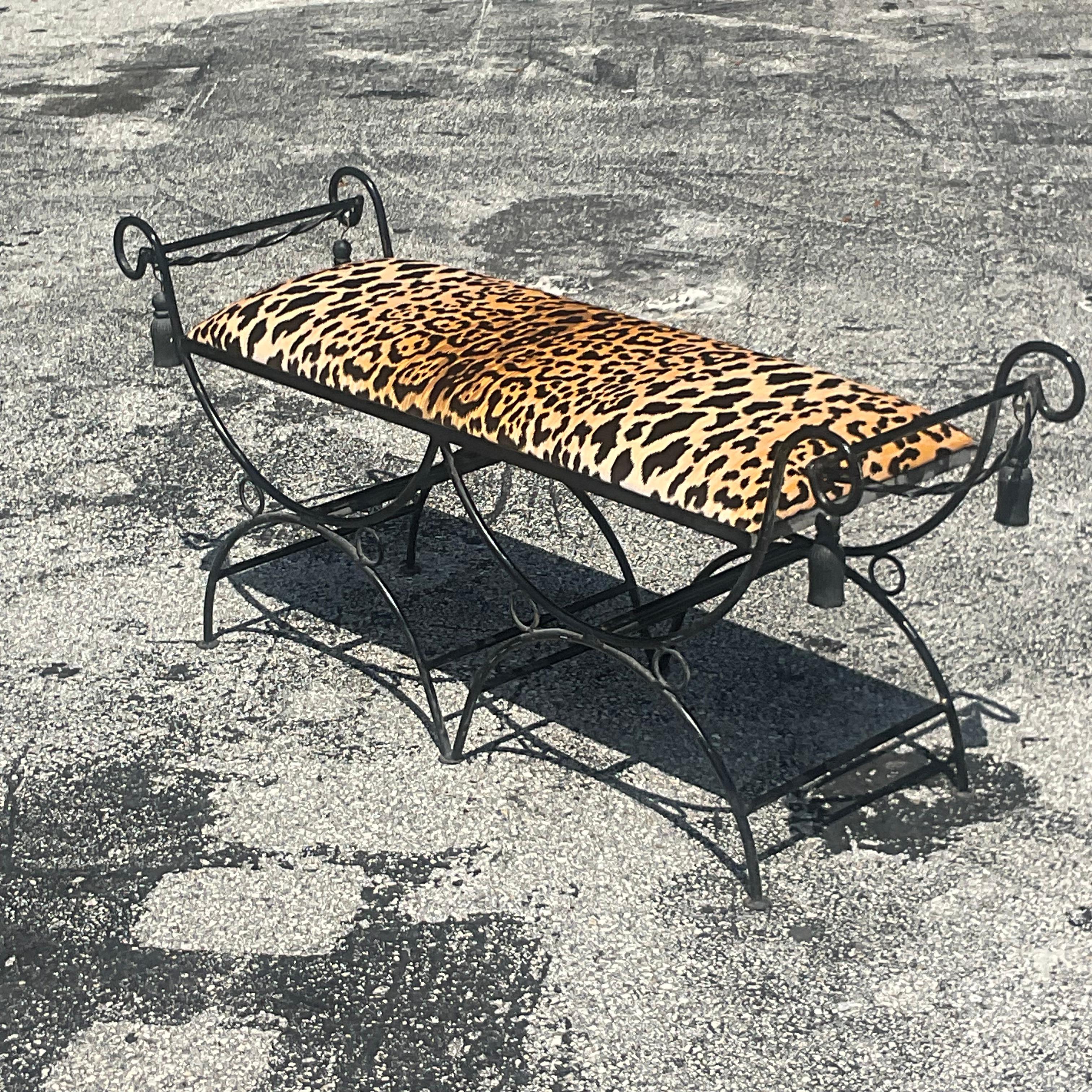 Vintage Regency Leopard Wought Iron Tassel Bench For Sale 3
