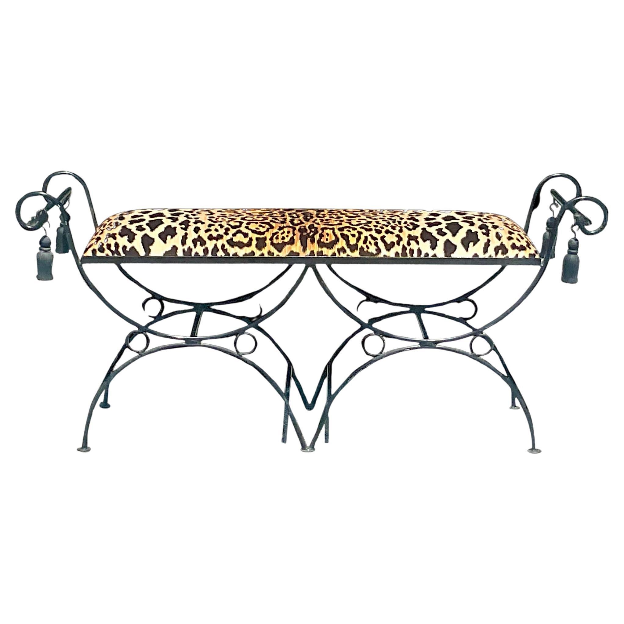 Vintage Regency Leopard Wought Iron Tassel Bench