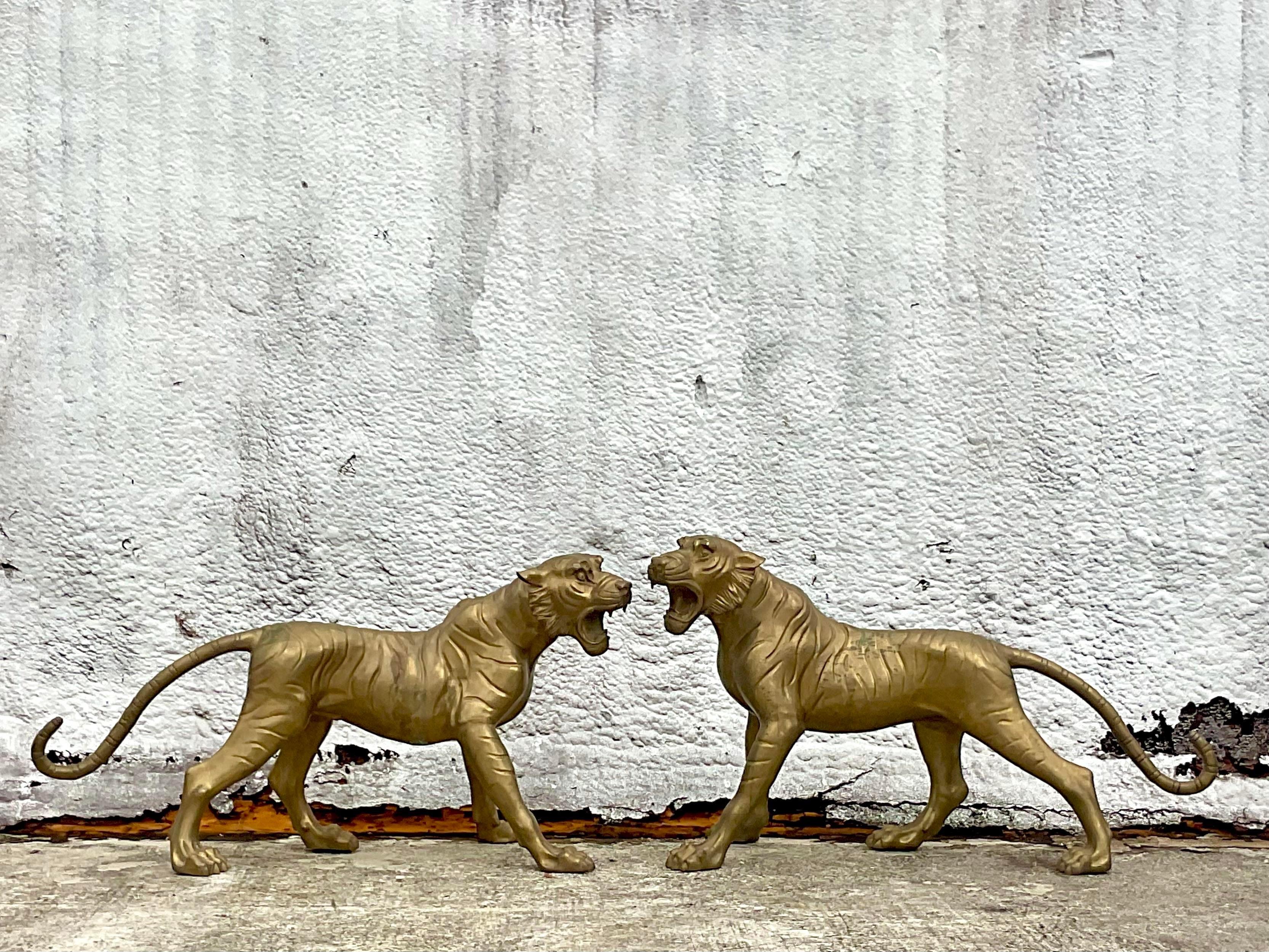 Vintage Regency Life Size Brass Tigers - a Pair In Good Condition For Sale In west palm beach, FL