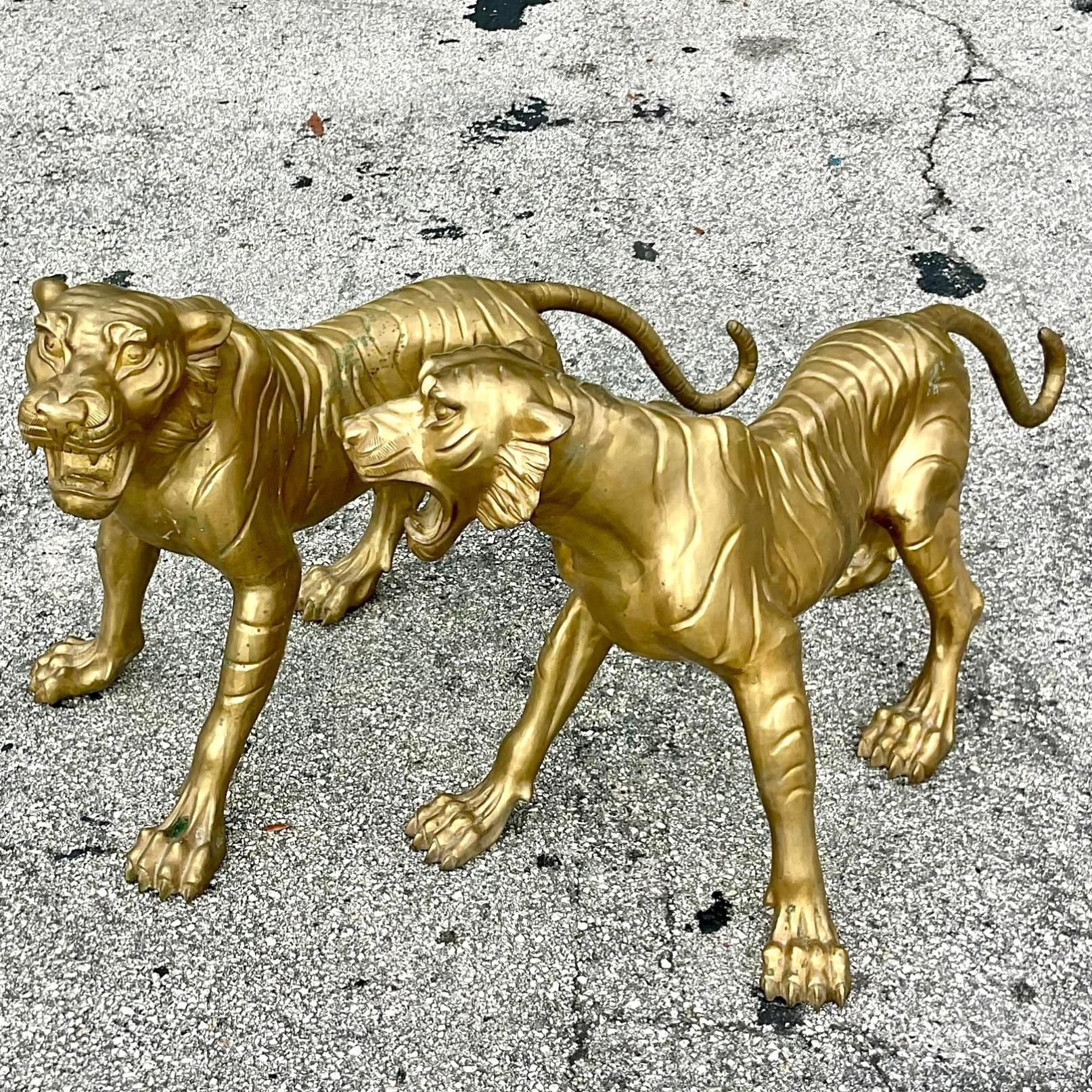 20th Century Vintage Regency Life Size Brass Tigers - a Pair For Sale