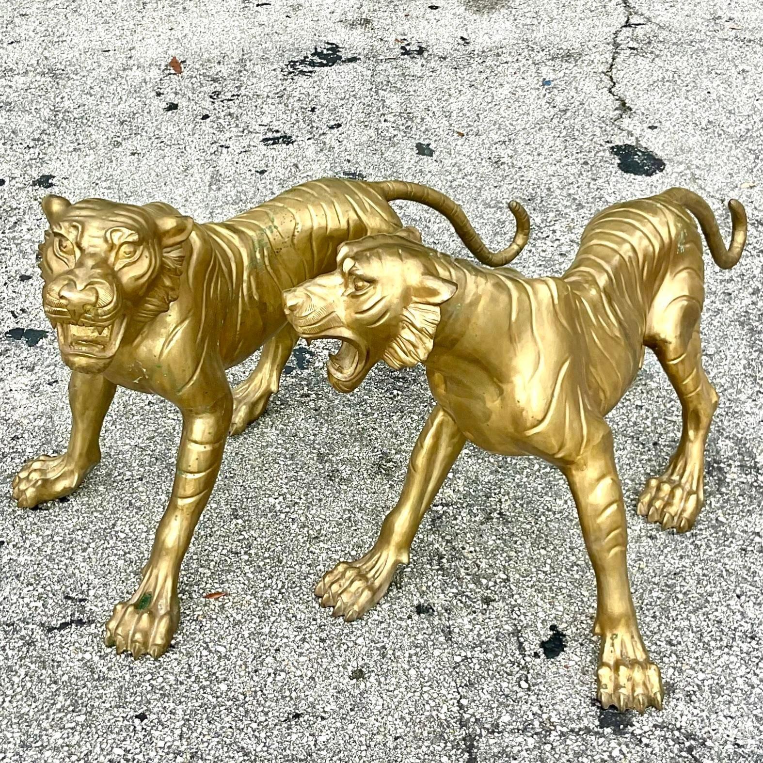 Vintage Regency Life Size Brass Tigers - a Pair For Sale 1