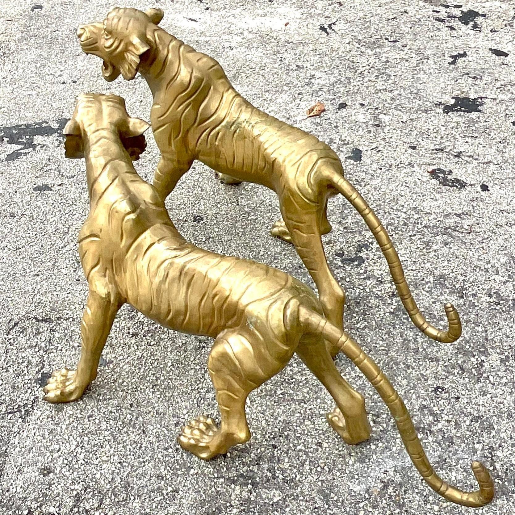 Vintage Regency Life Size Brass Tigers - a Pair For Sale 3
