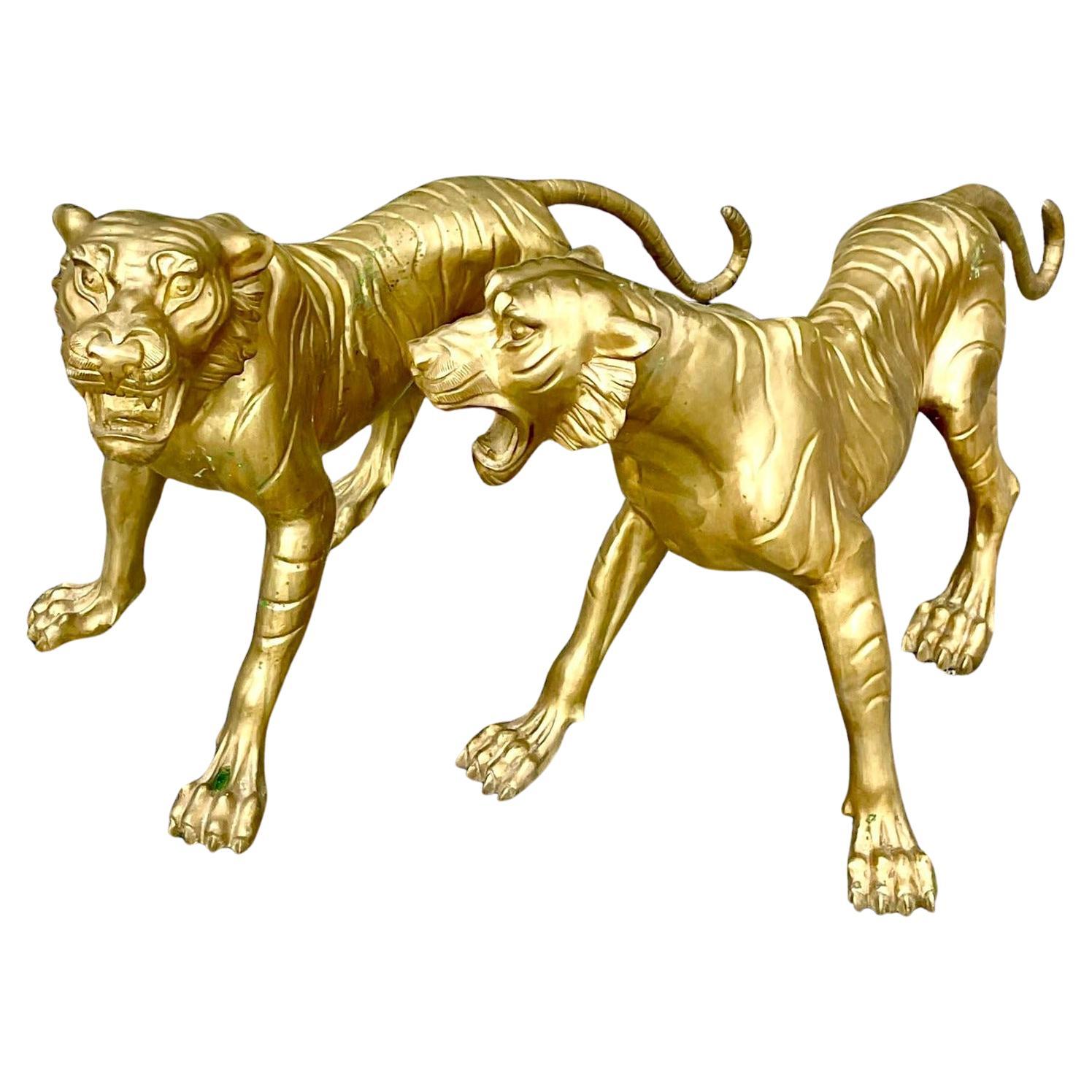Vintage Regency Life Size Brass Tigers - a Pair For Sale