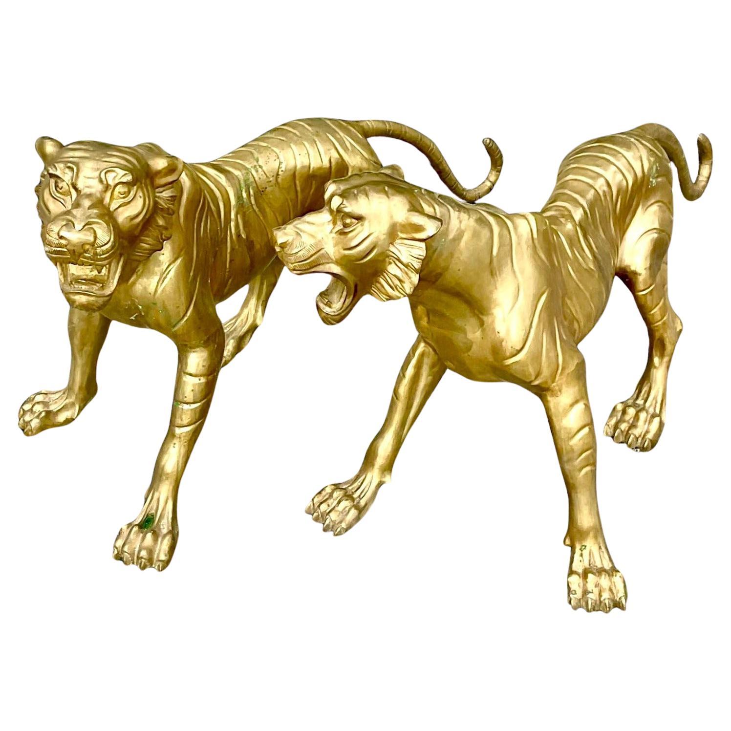 Paire de tigres en laiton grandeur nature Vintage Regency