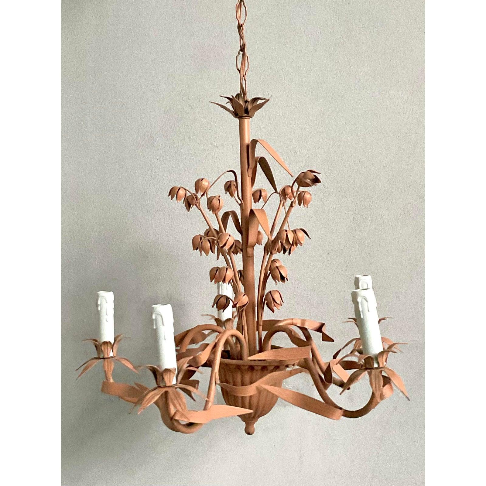 Vintage Regency Lily of the Vally Tole Chandelier In Good Condition For Sale In West Palm Beach, FL
