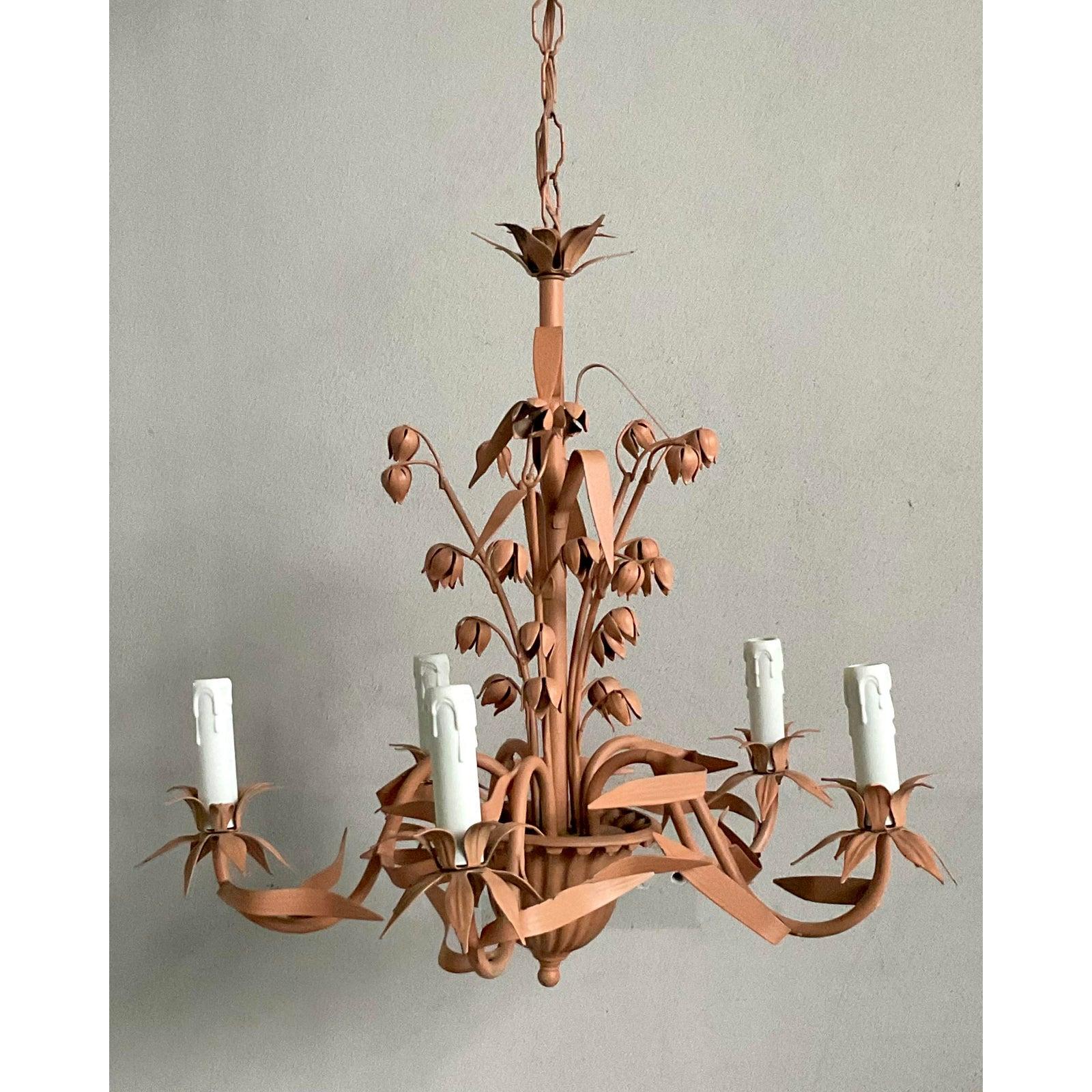Vintage Regency Lily of the Vally Tole Chandelier For Sale 1