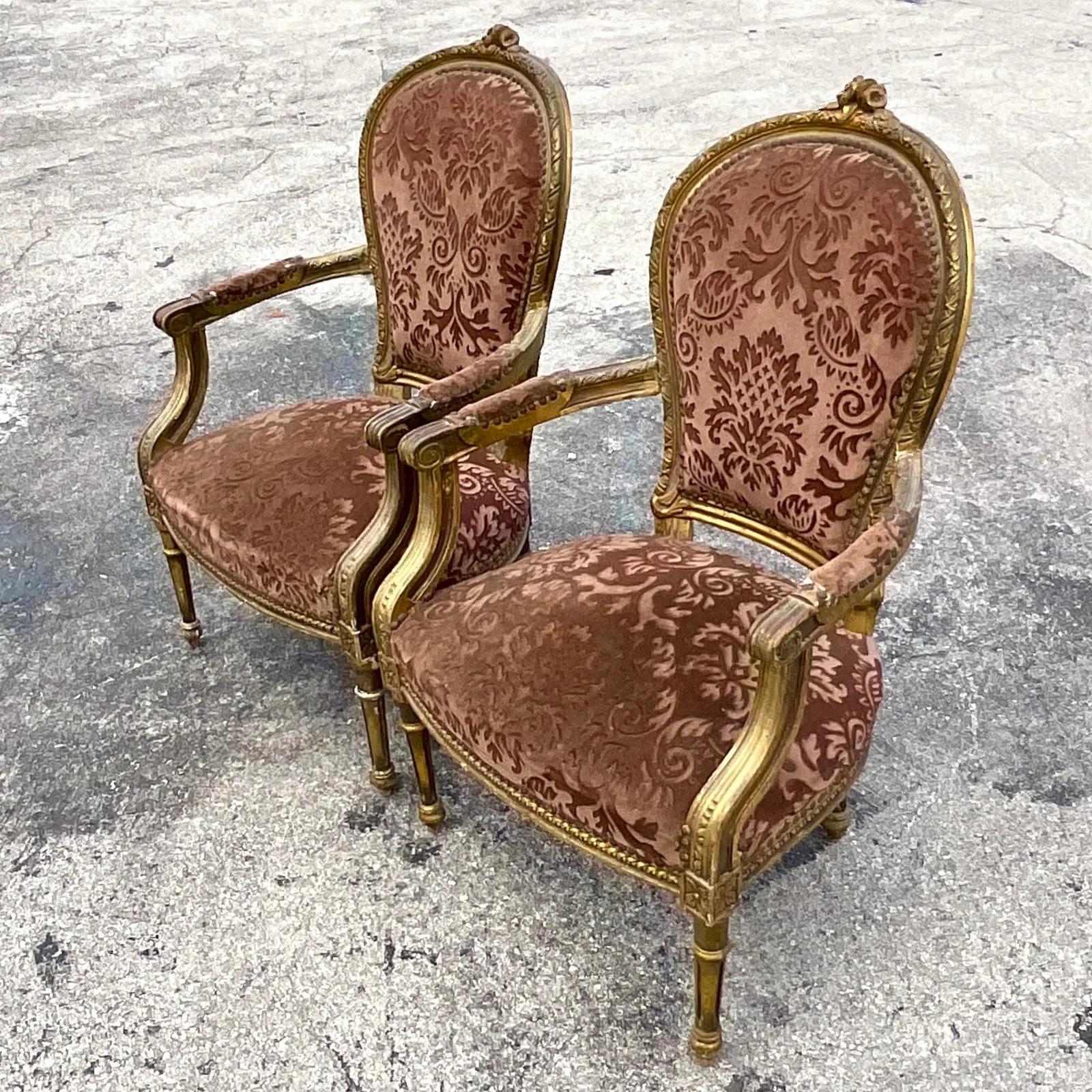 20th Century Vintage Regency Louie Gilt Bergere Chairs, a Pair