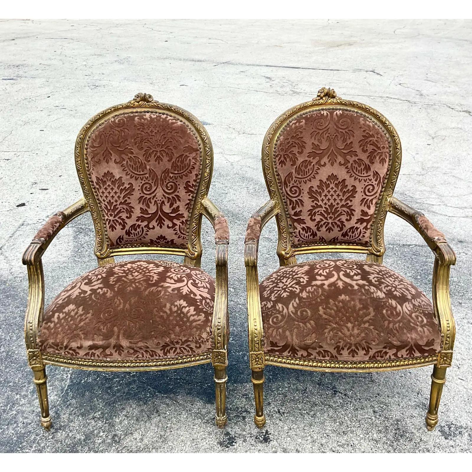 Wood Vintage Regency Louie Gilt Bergere Chairs, a Pair