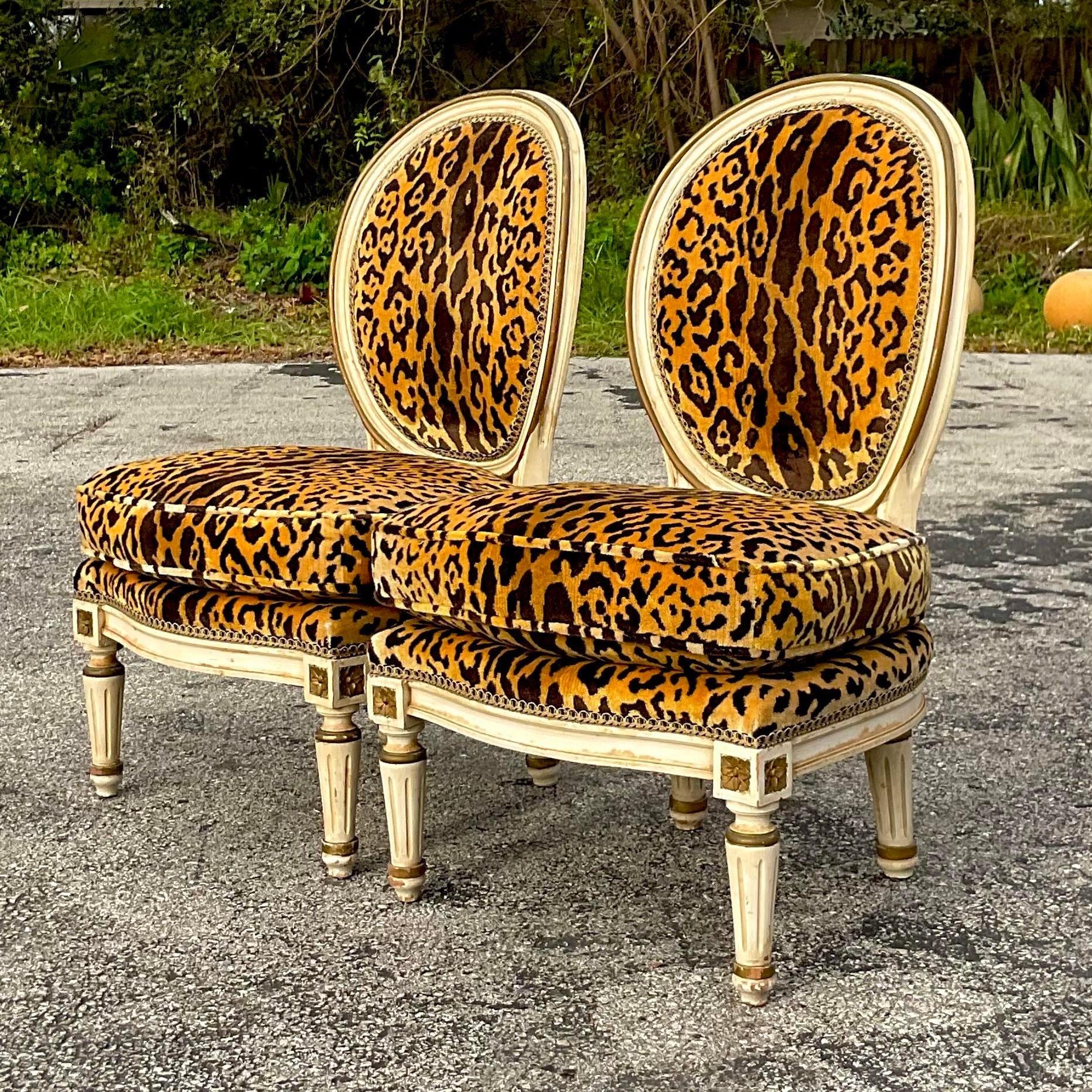 American Vintage Regency Louis XI Style Leopard Slipper Chairs - a Pair