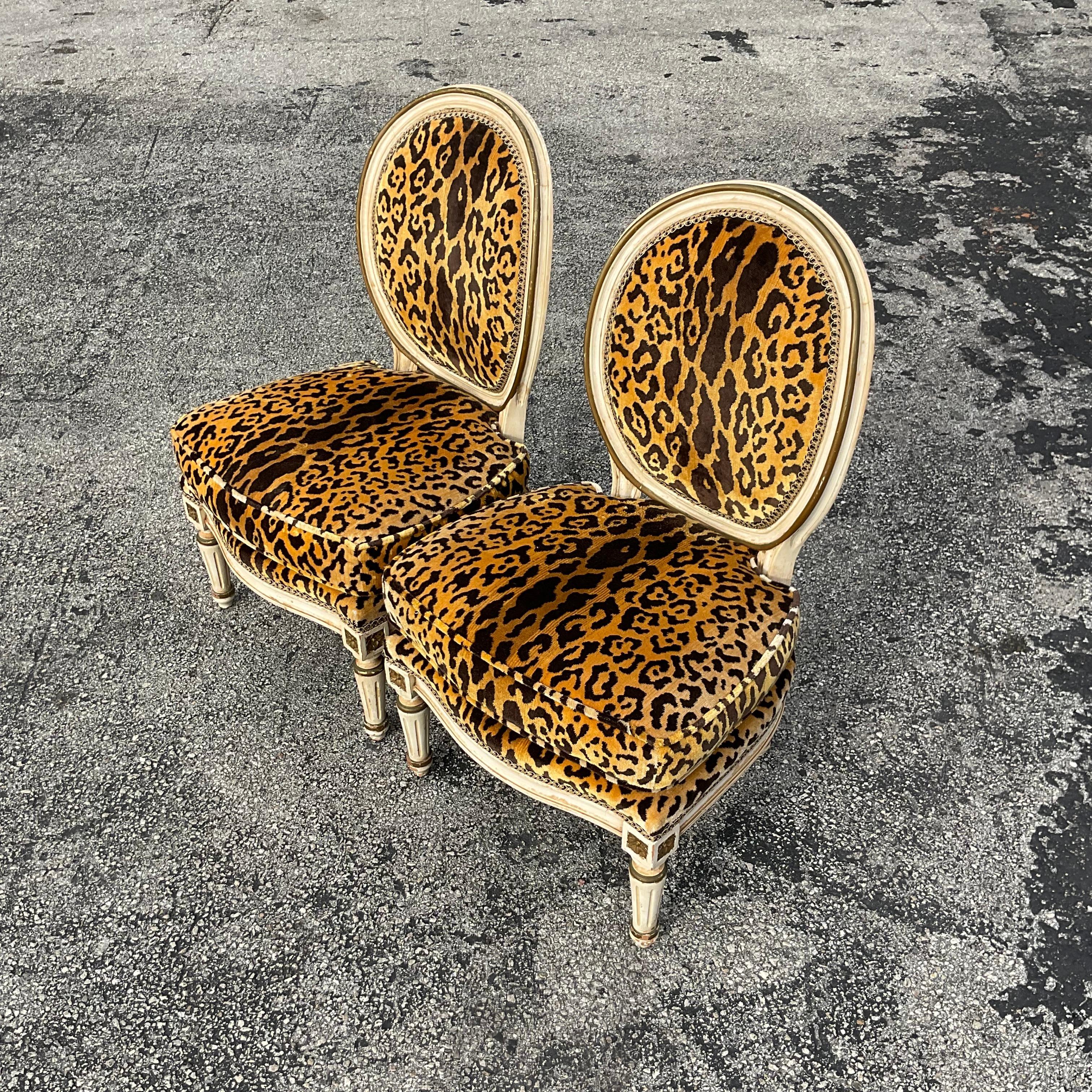 Vintage Regency Louis XI Style Leopard Slipper Chairs - a Pair In Good Condition In west palm beach, FL