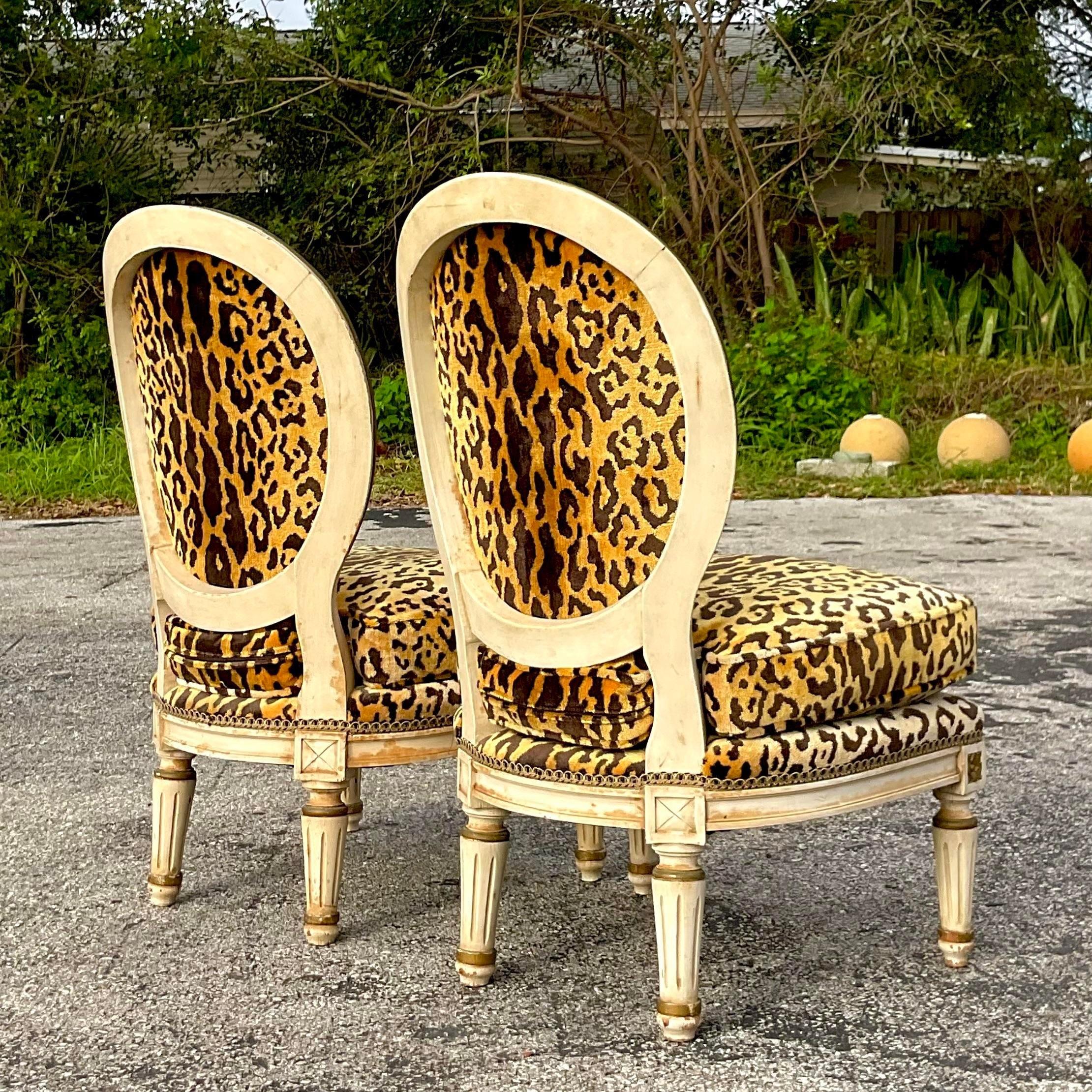 20th Century Vintage Regency Louis XI Style Leopard Slipper Chairs - a Pair