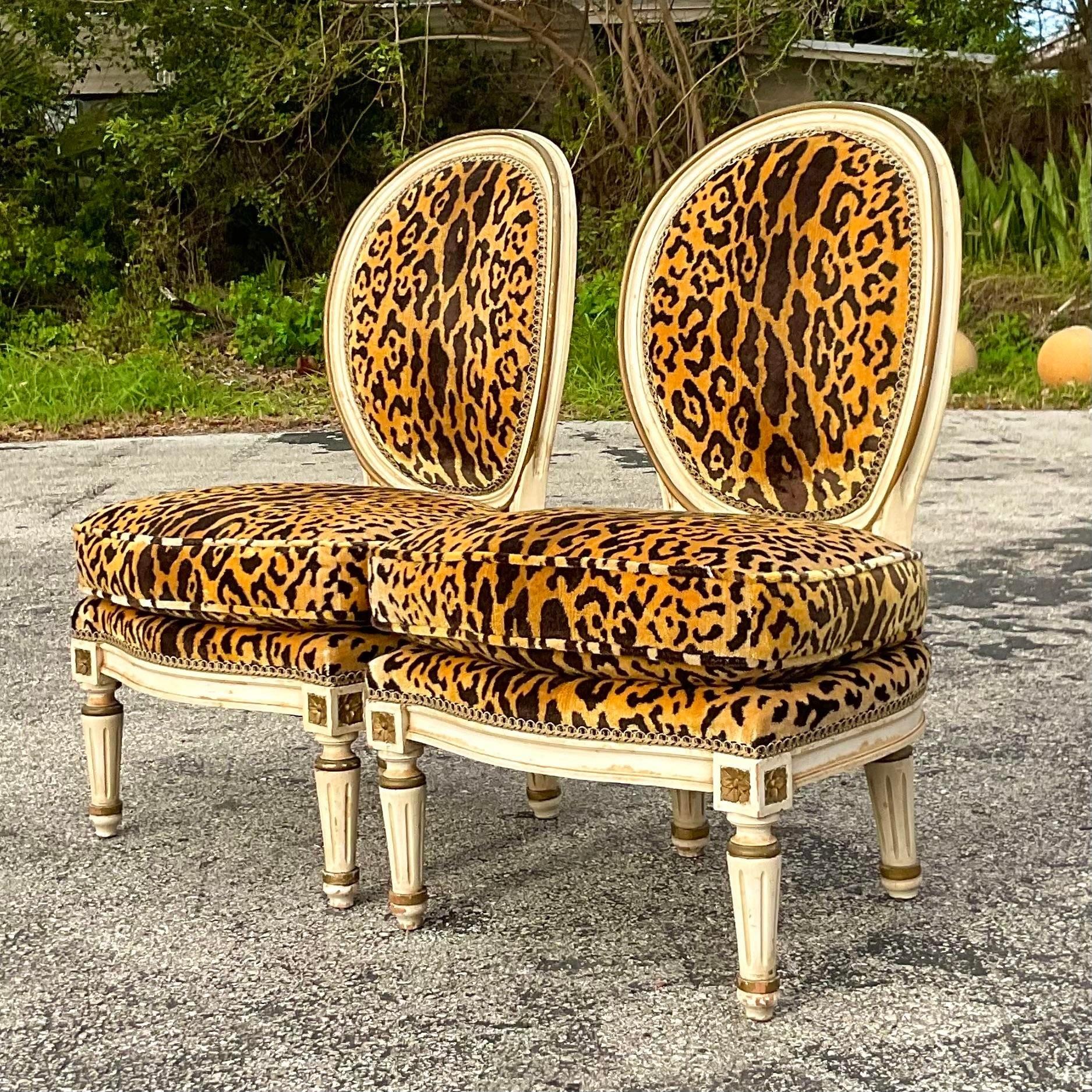 Upholstery Vintage Regency Louis XI Style Leopard Slipper Chairs - a Pair