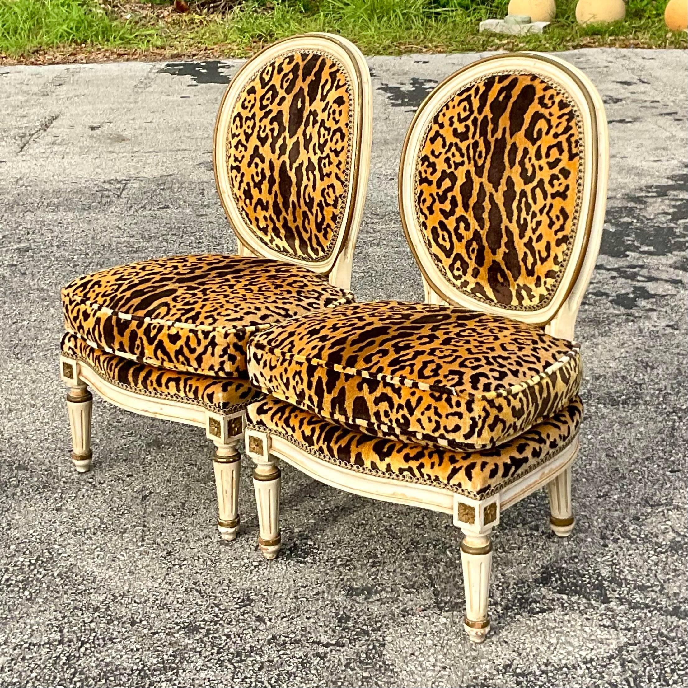 Vintage Regency Louis XI Style Leopard Slipper Chairs - a Pair 1