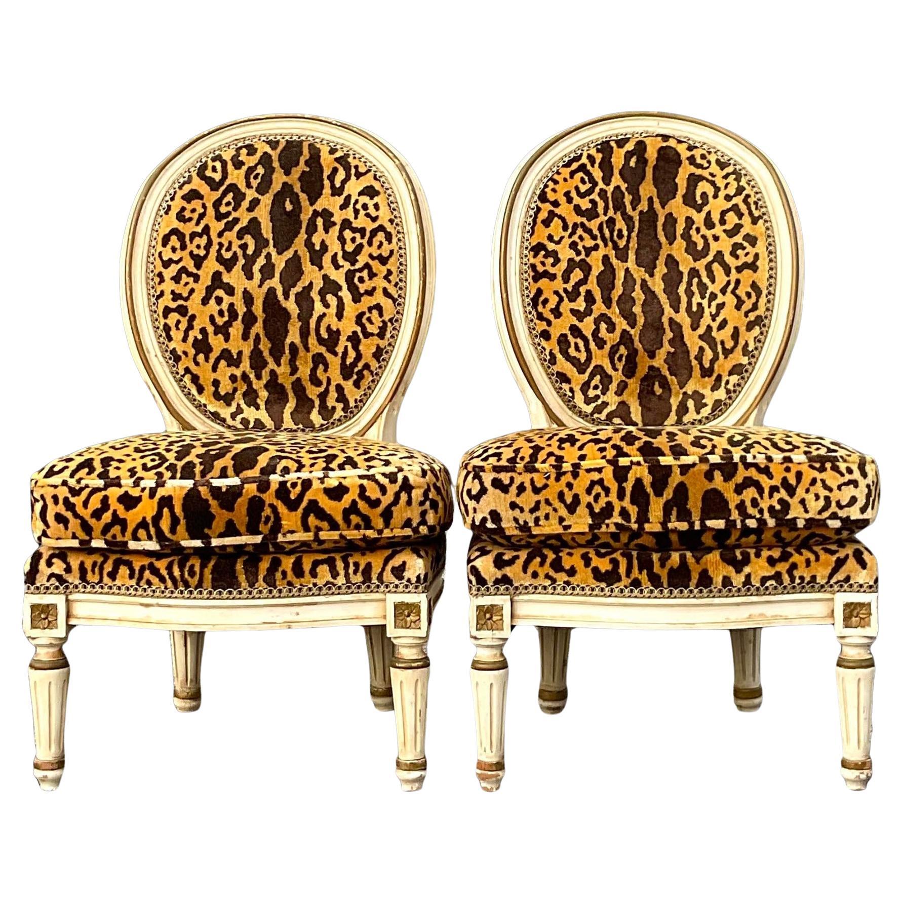 Vintage Regency Louis XI Style Leopard Slipper Chairs - a Pair