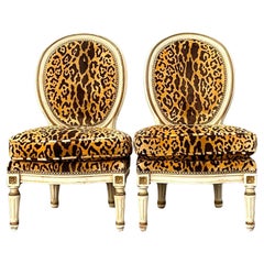 Vintage Regency Louis XI Style Leopard Slipper Chairs - a Pair