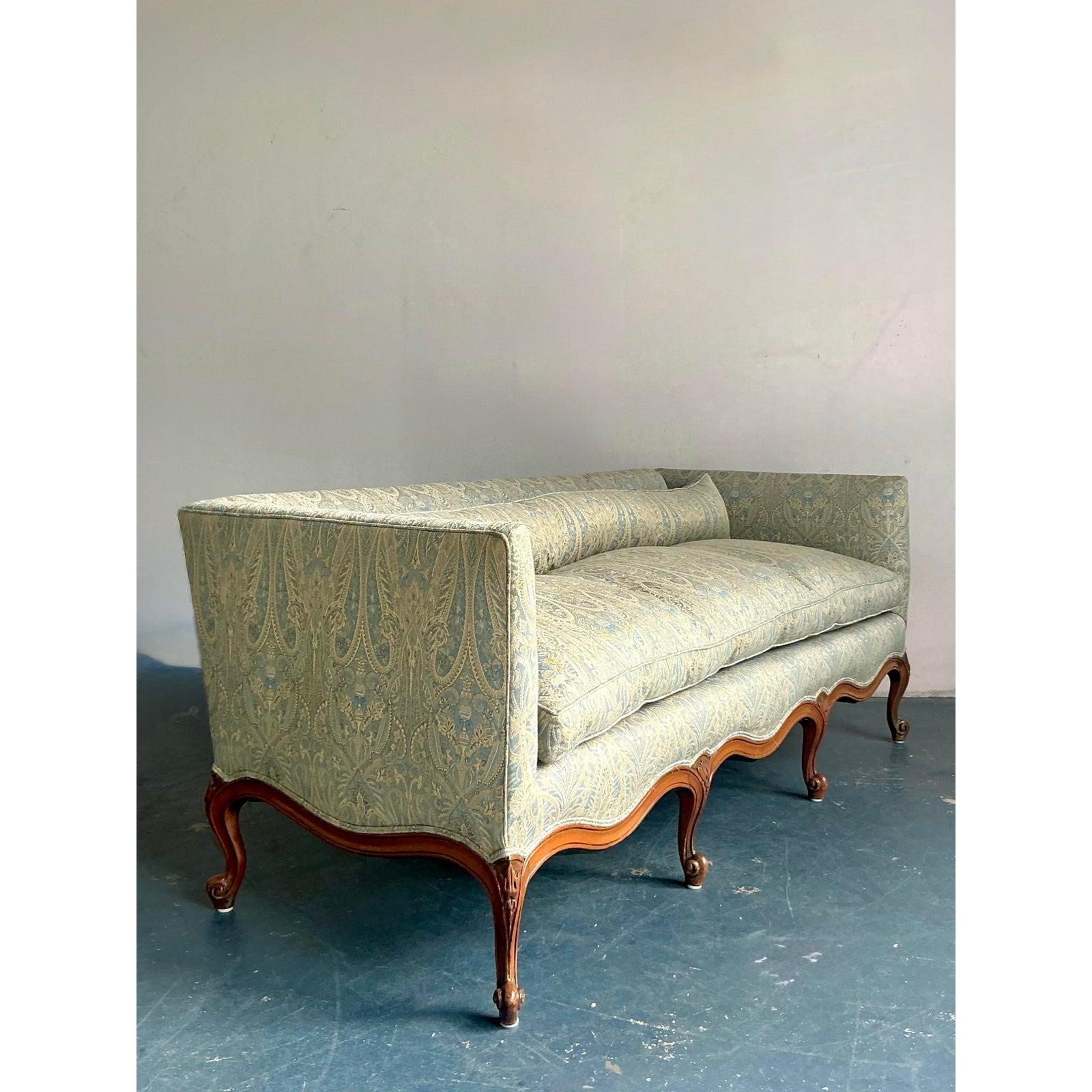 Americano Divano vintage Regency Luigi XV in seta paisley jacquard in vendita