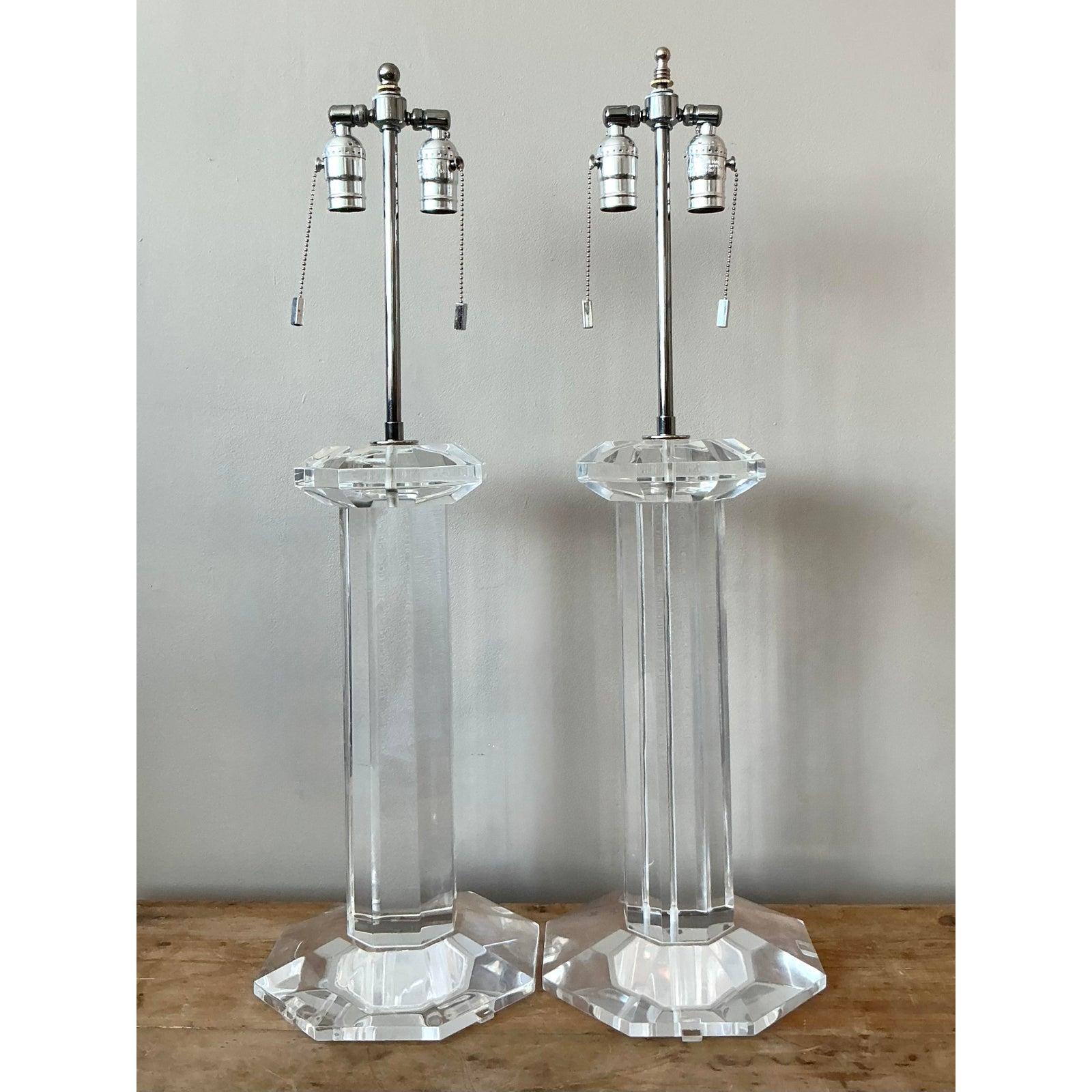 20th Century Vintage Regency Lucite Column Lamps - A Pair For Sale