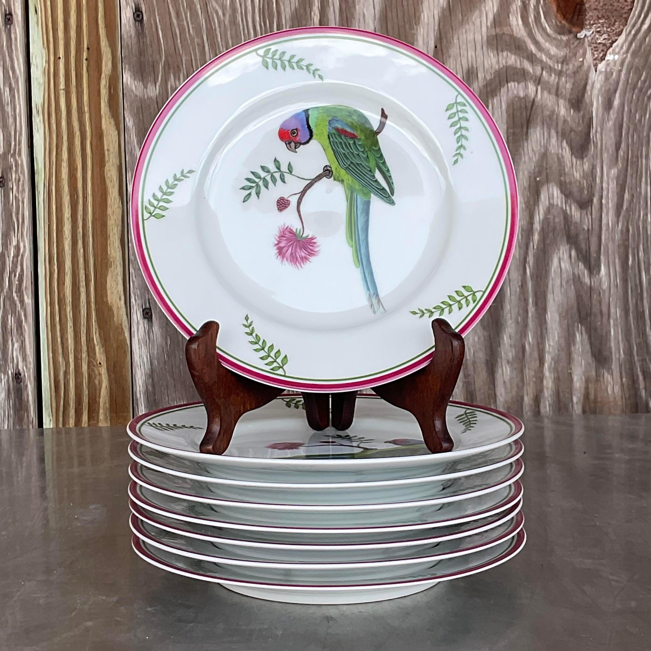 Vintage Regency Lynn Chase “Parrots in Paradise” Luncheon Plates.- Set of 8 In Good Condition In West Palm Beach, FL