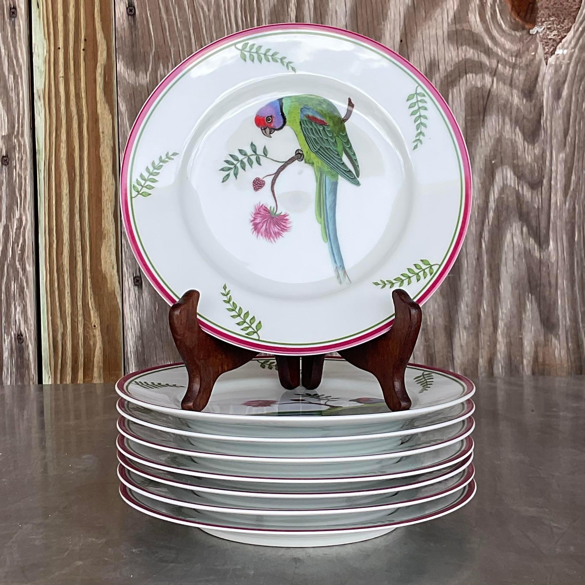 20th Century Vintage Regency Lynn Chase “Parrots in Paradise” Luncheon Plates.- Set of 8