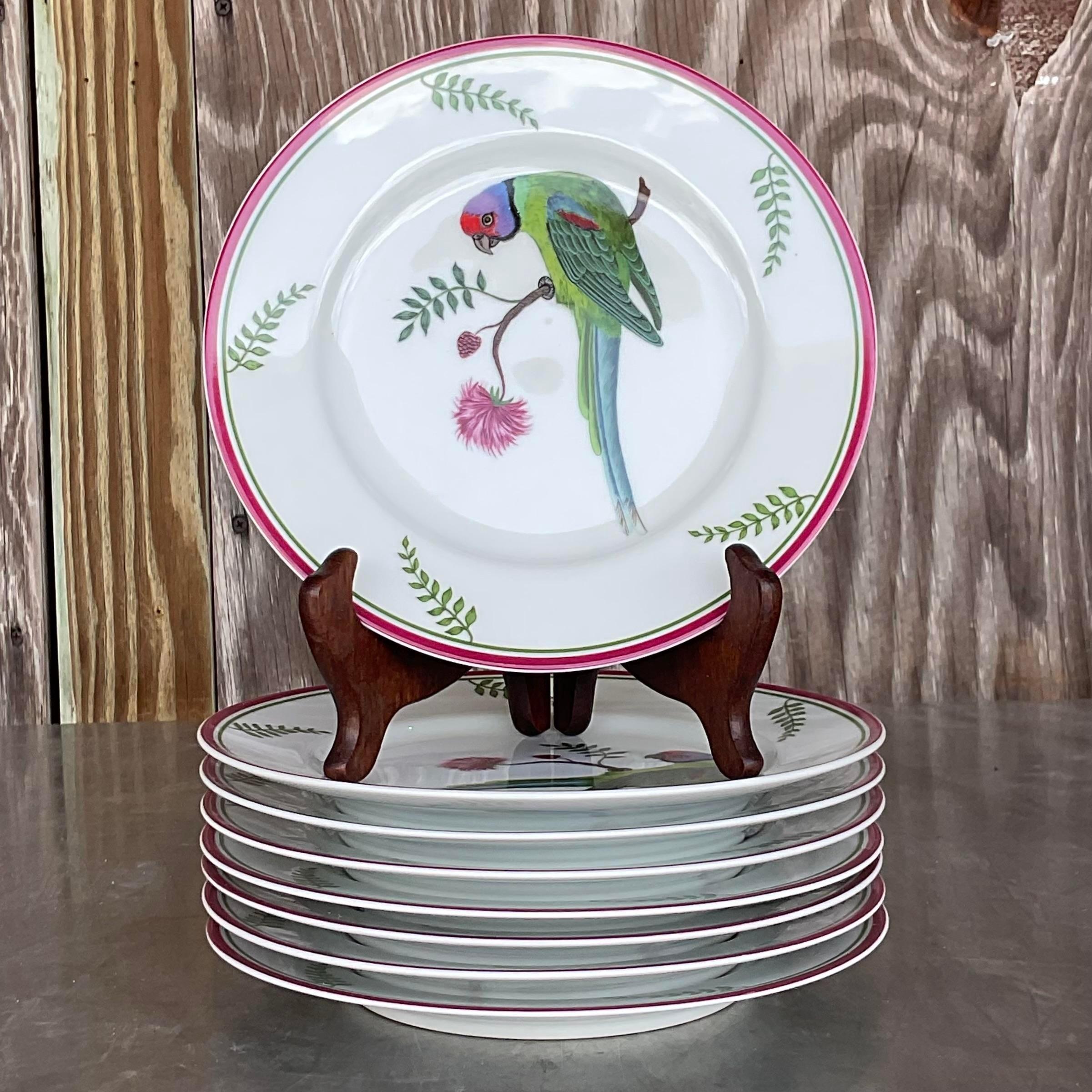 Vintage Regency Lynn Chase “Parrots in Paradise” Luncheon Plates.- Set of 8 1