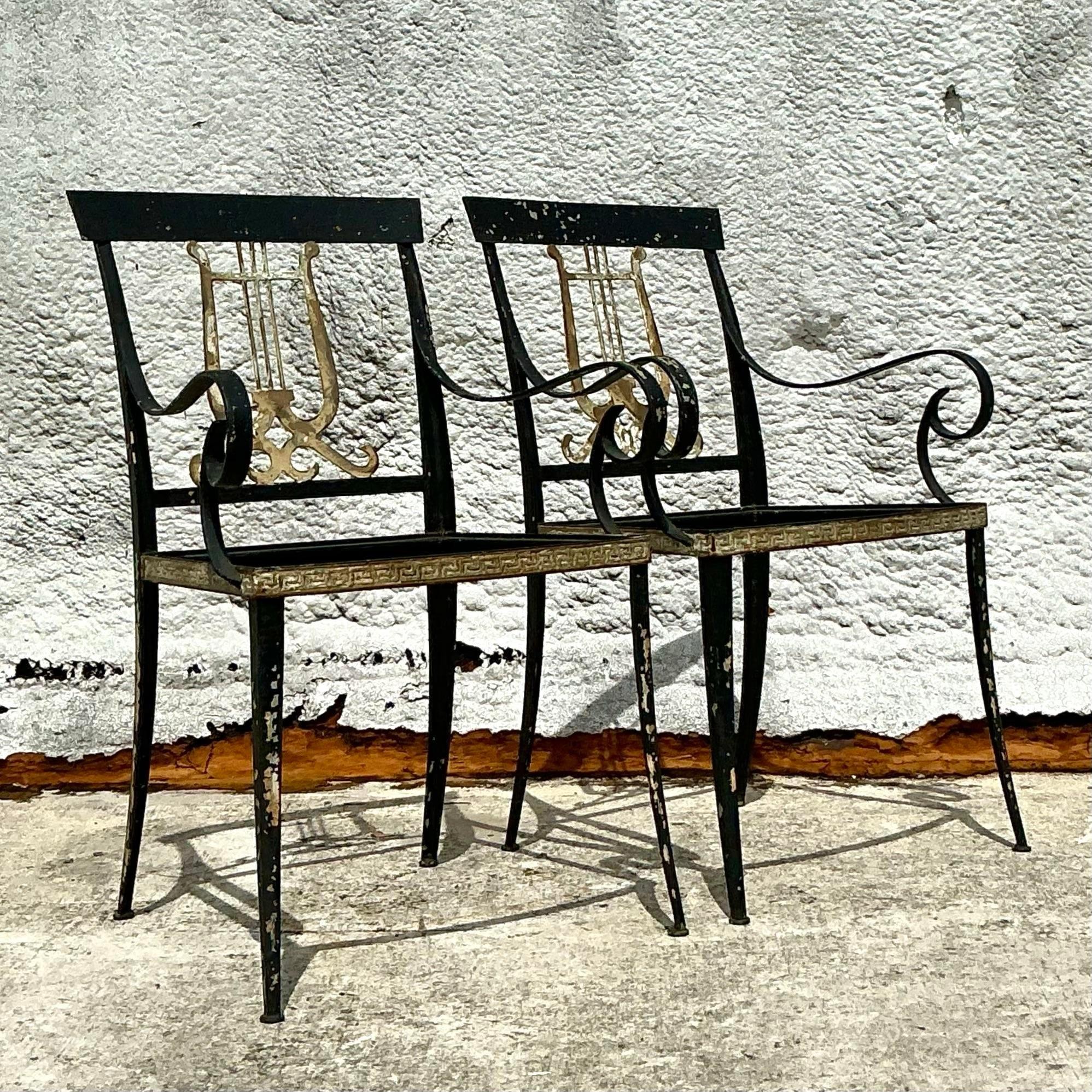 Vintage Regency Lyre Back Wrought Iron Chairs - a Pair 5