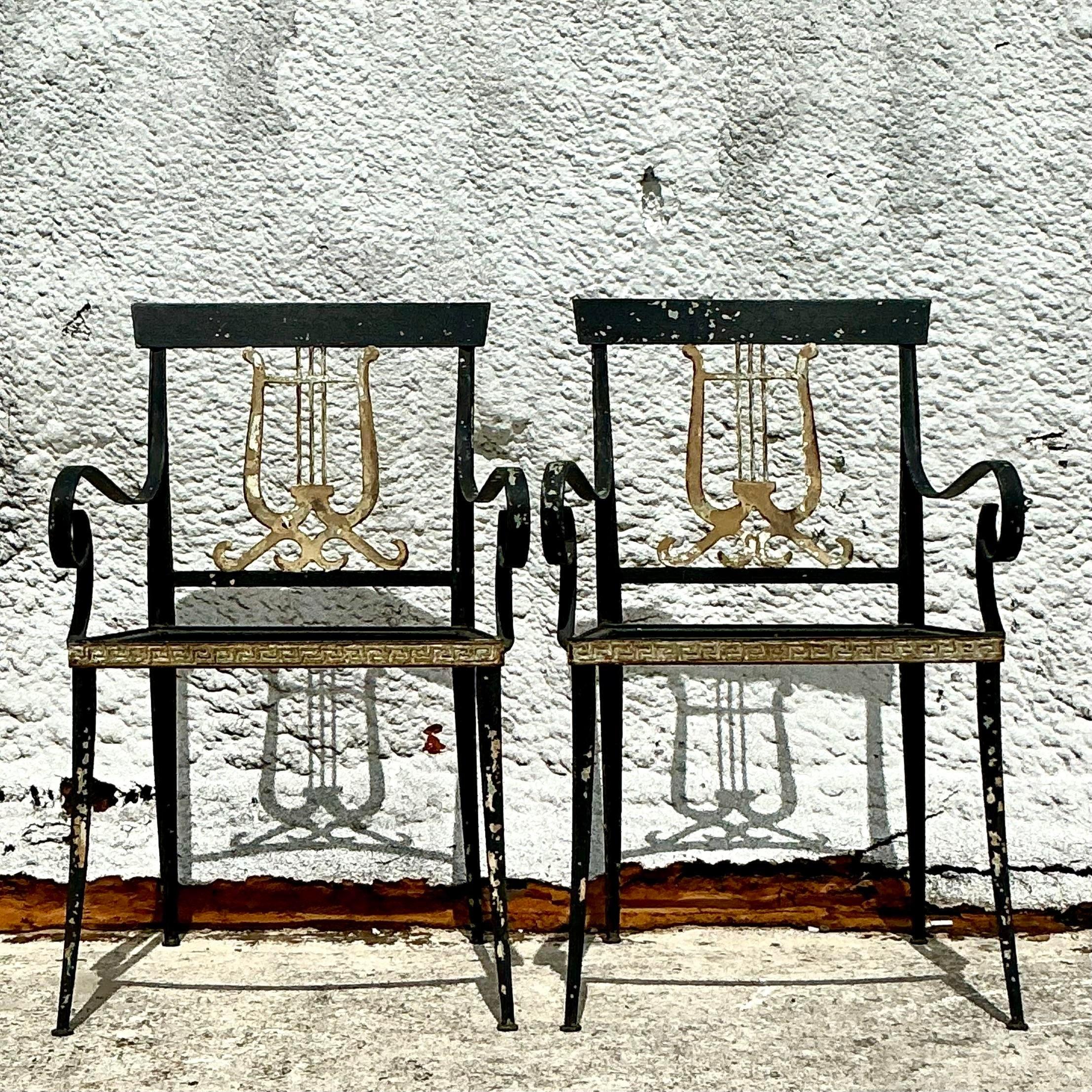 Vintage Regency Lyre Back Wrought Iron Chairs - a Pair 6