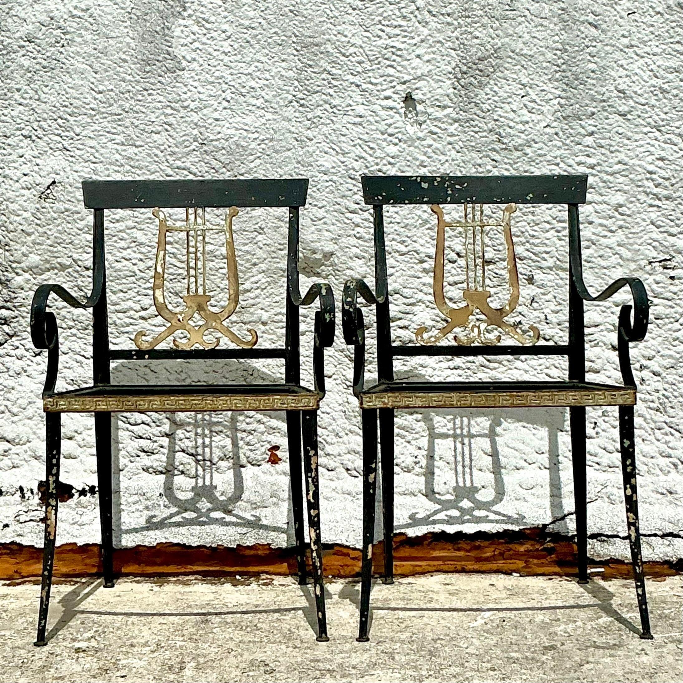 Vintage Regency Lyre Back Wrought Iron Chairs - a Pair 7