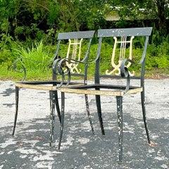 Vintage Regency Lyre Back Wrought Iron Chairs - a Pair