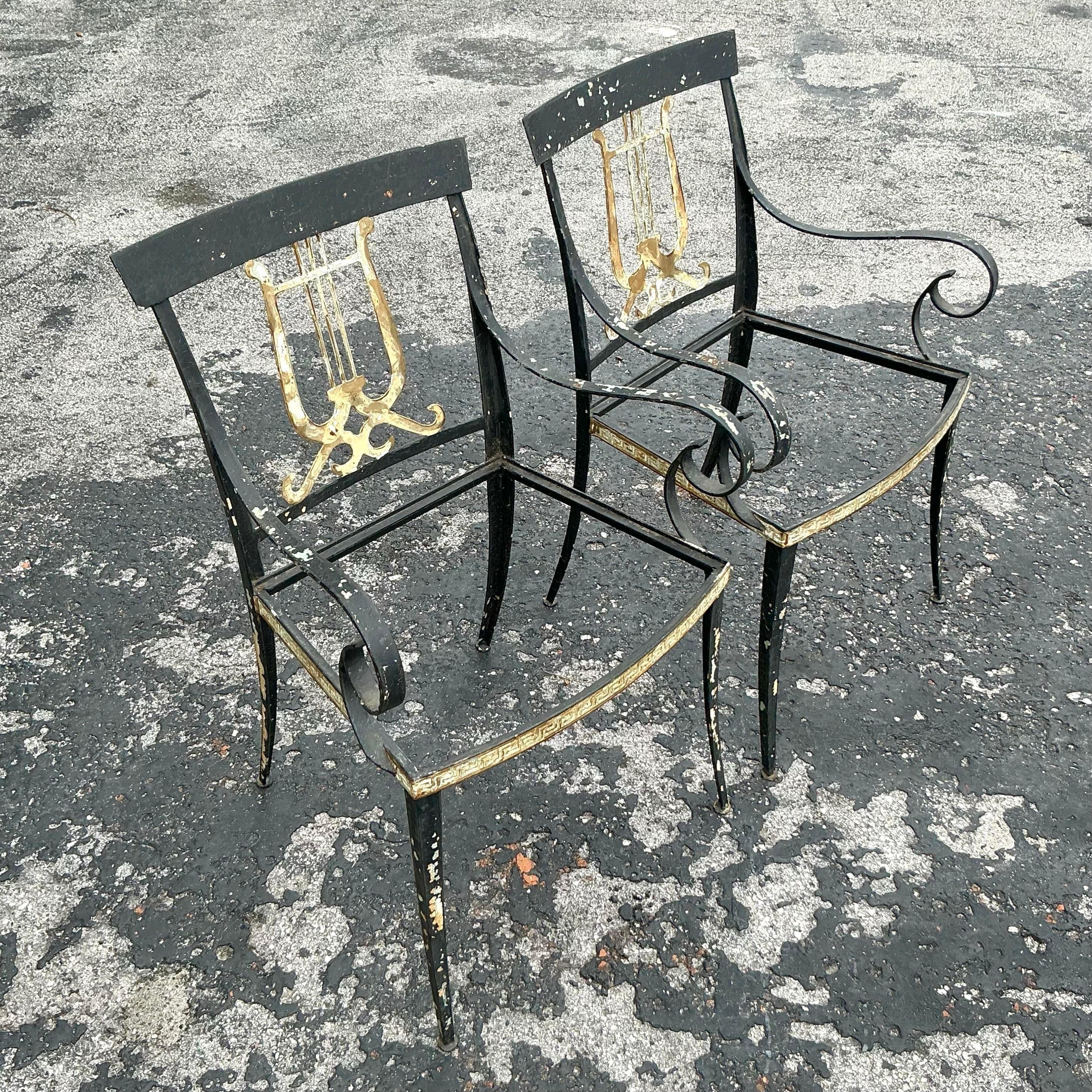 American Vintage Regency Lyre Back Wrought Iron Chairs - a Pair