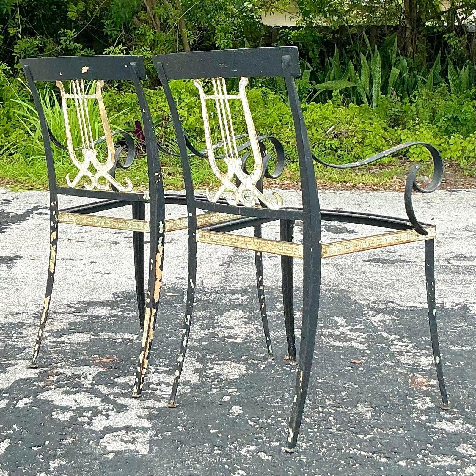 Vintage Regency Lyre Back Wrought Iron Chairs - a Pair 1