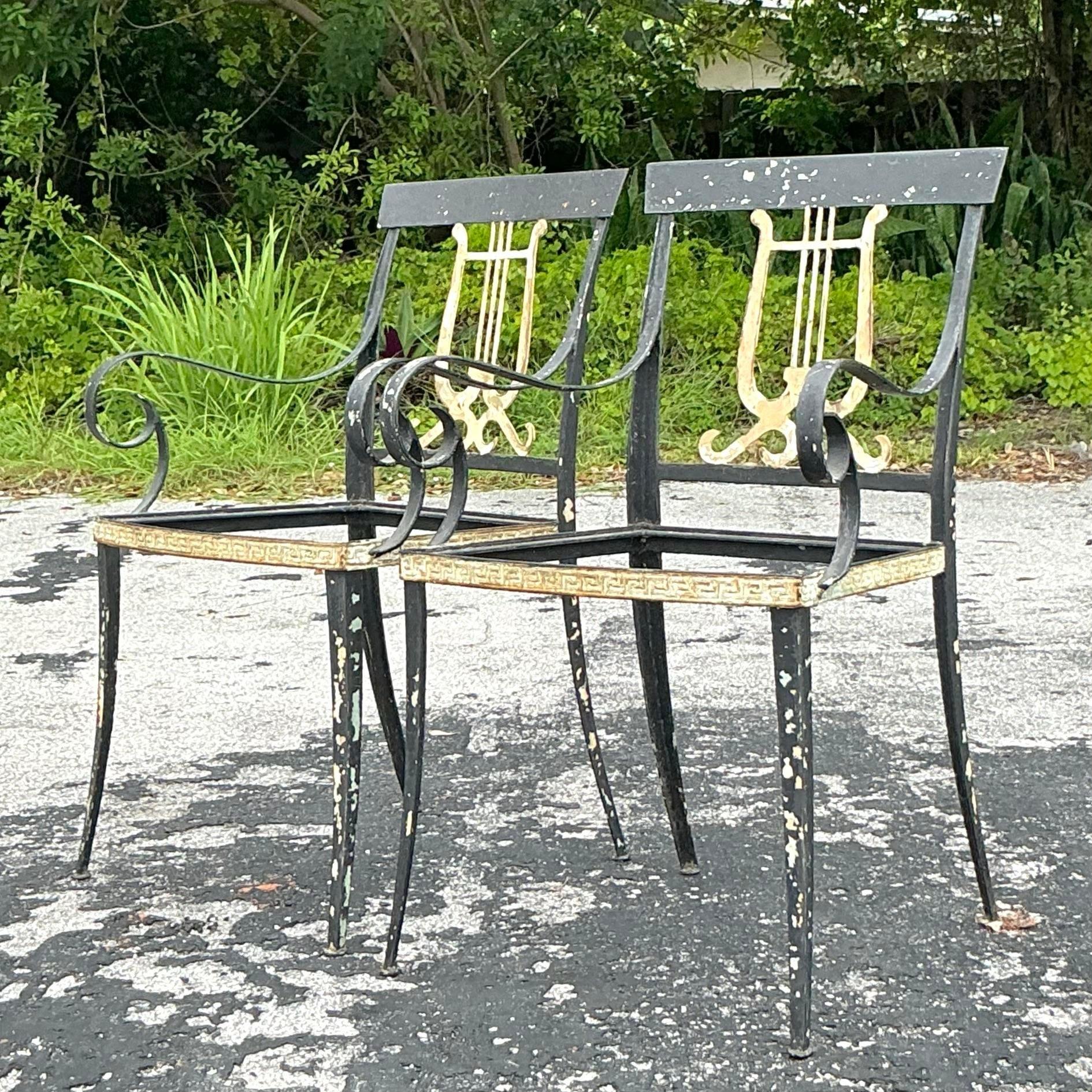 Vintage Regency Lyre Back Wrought Iron Chairs - a Pair 2
