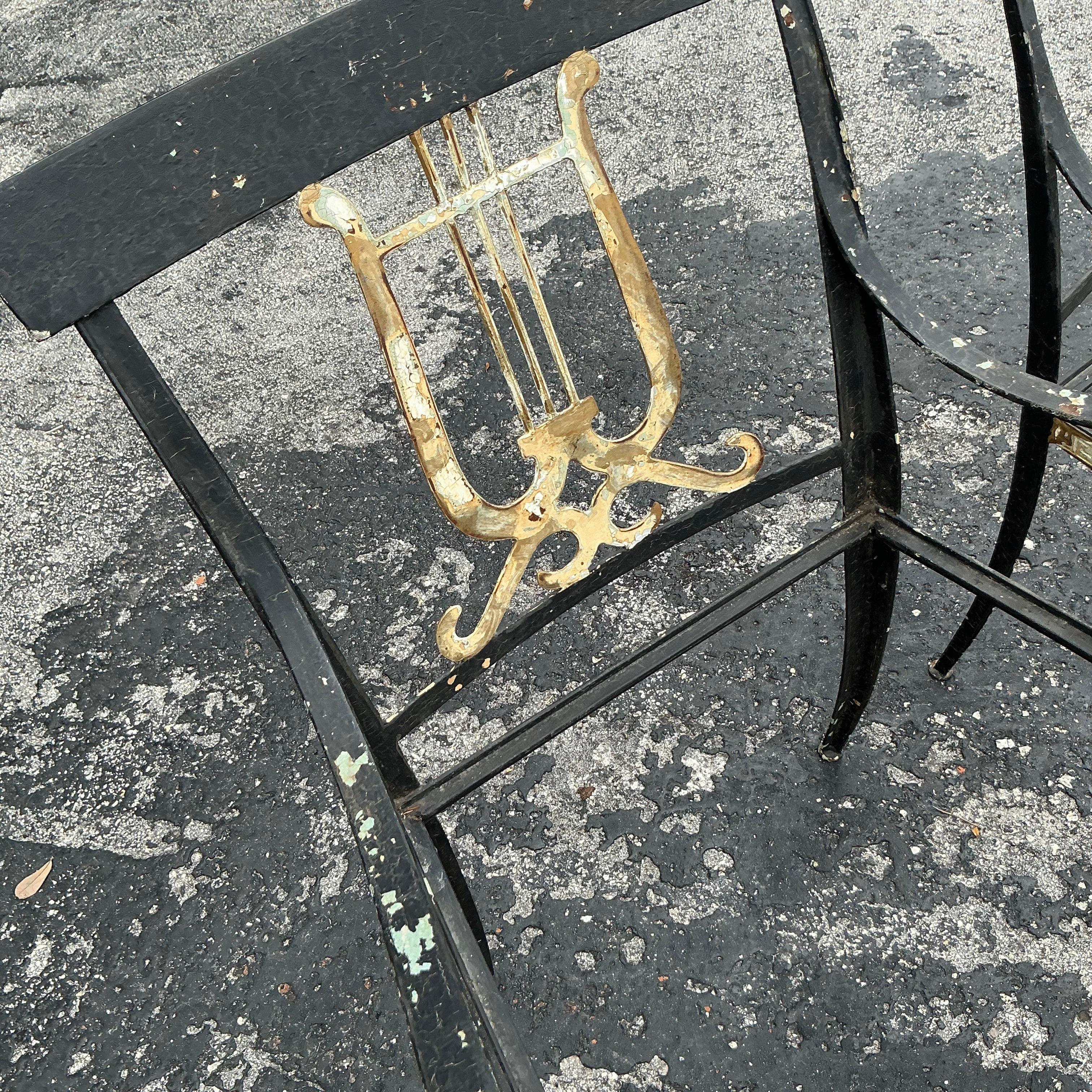 Vintage Regency Lyre Back Wrought Iron Chairs - a Pair 3