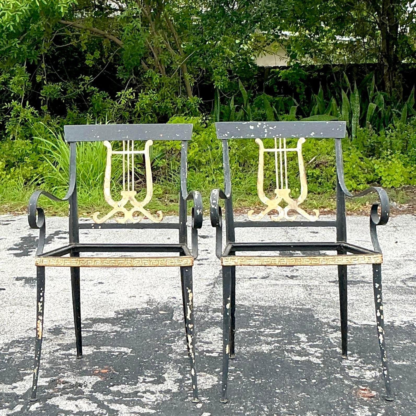 Vintage Regency Lyre Back Wrought Iron Chairs - a Pair 4
